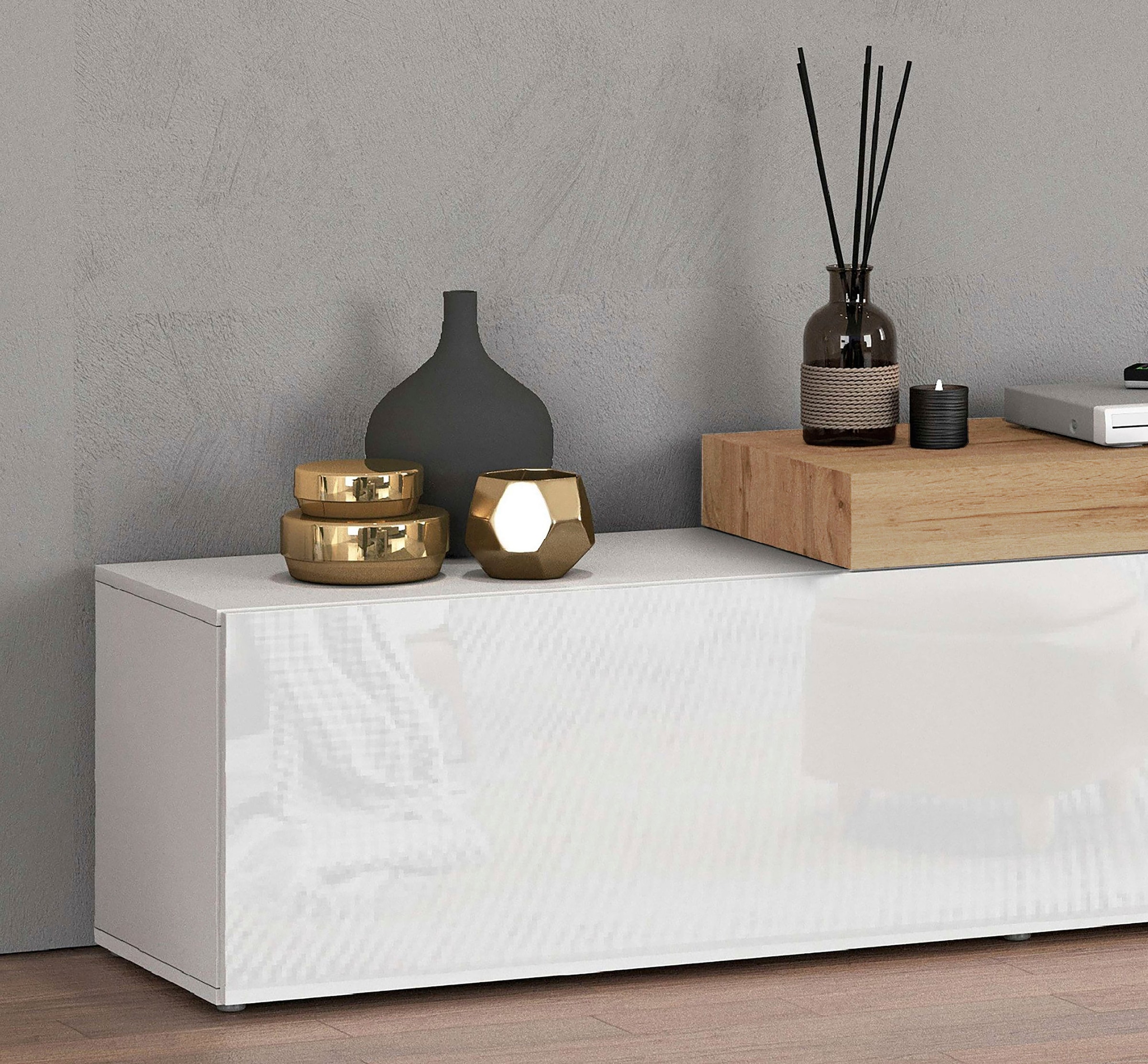 INOSIGN Lowboard »Chronos TV-Board, TV-Schrank« Breite verstellbar von 190 bis 350 cm, 1 Stk. tlg. Breite 270 cm TV-Board,Lowboard,1 Klappe und ein L-Förmiger Aufsatz