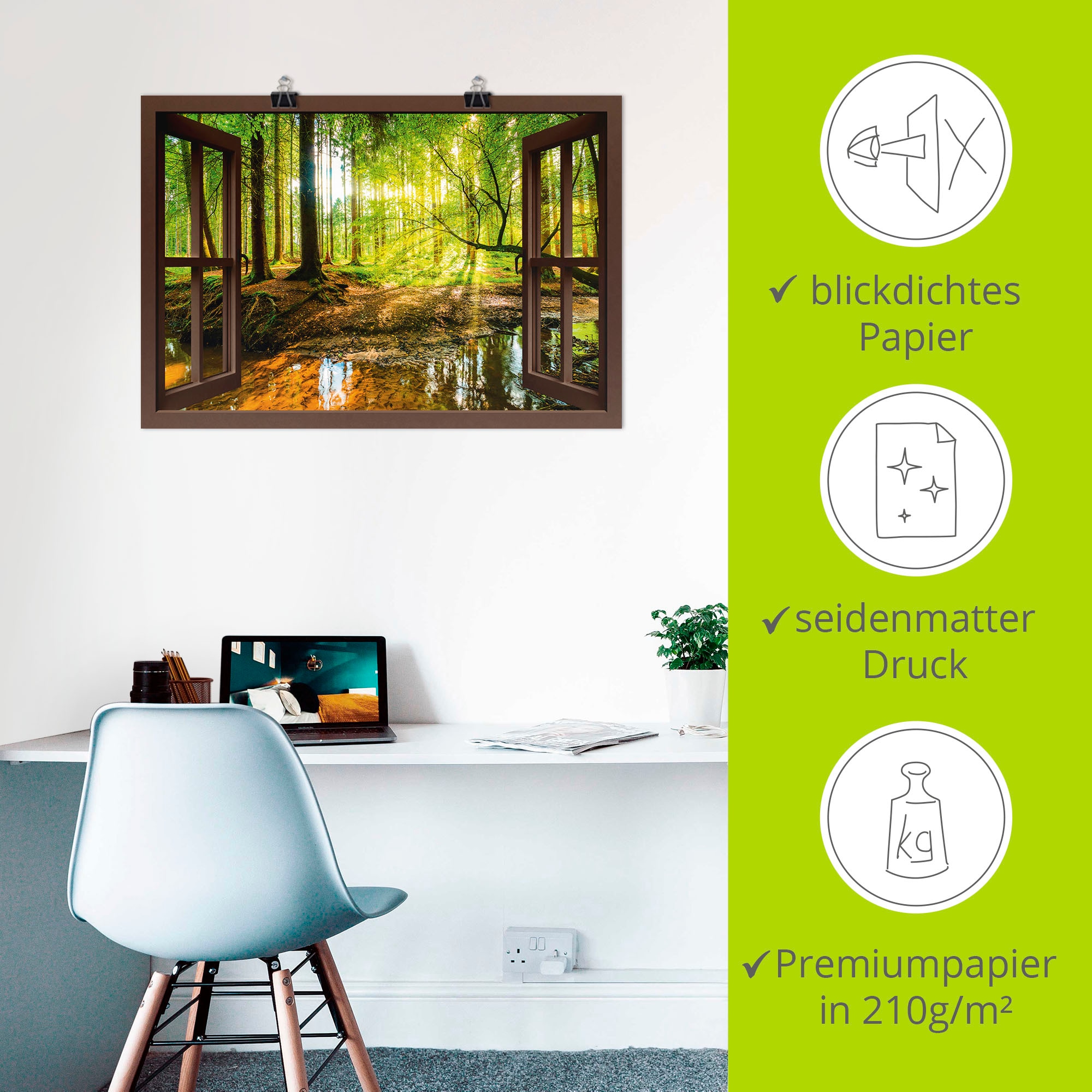 Artland Wandbild »Fensterblick - Wald mit Bach«, Wald, (1 St.), als Leinwandbild, Poster, Wandaufkleber in verschied. Grössen