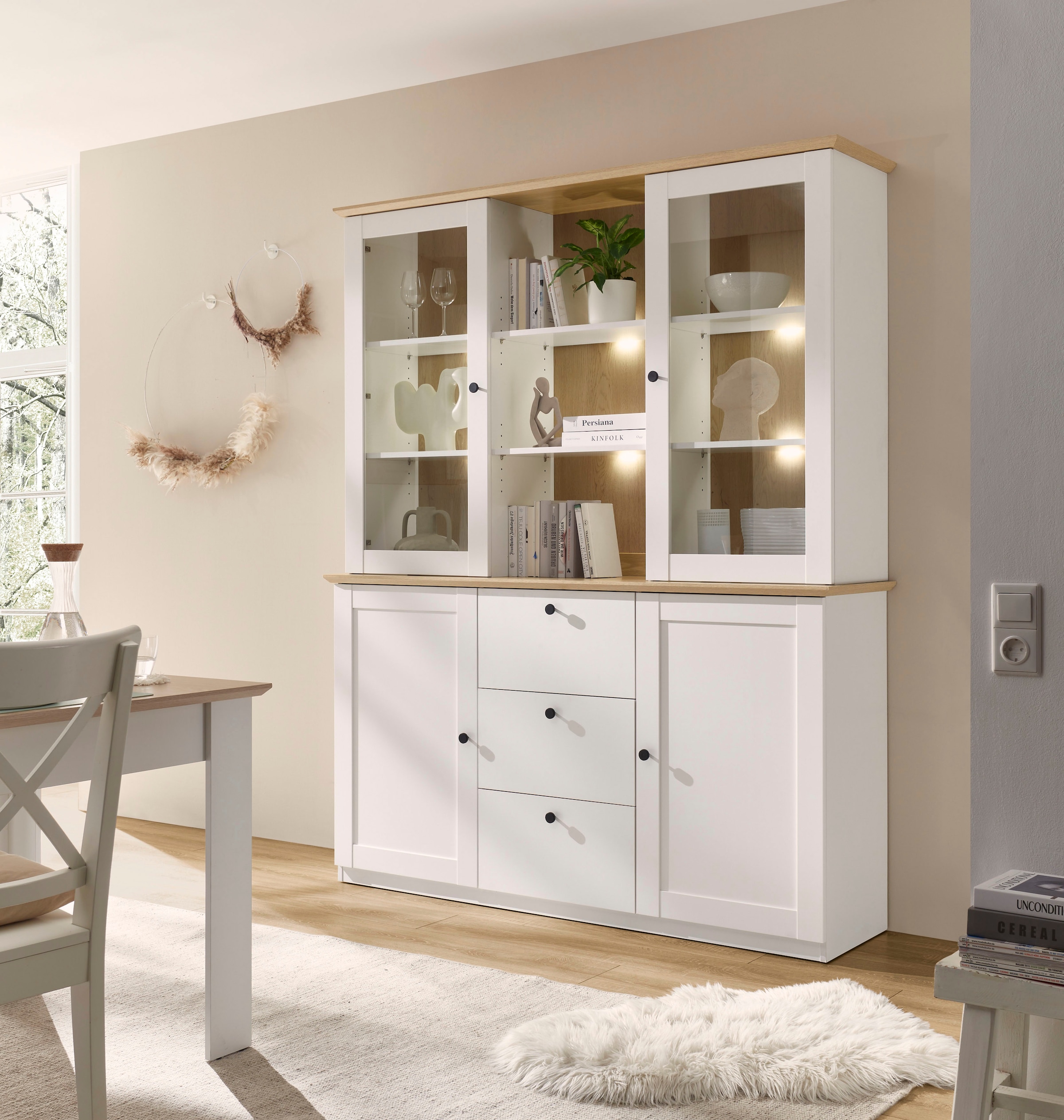 GOODproduct Buffet »Brest, Hochschrank im Landhausstil, Schrank, Küchenschrank« poignées en métal noir, beaucoup d'espace de rangement, portes vitrées, 164 cm de large