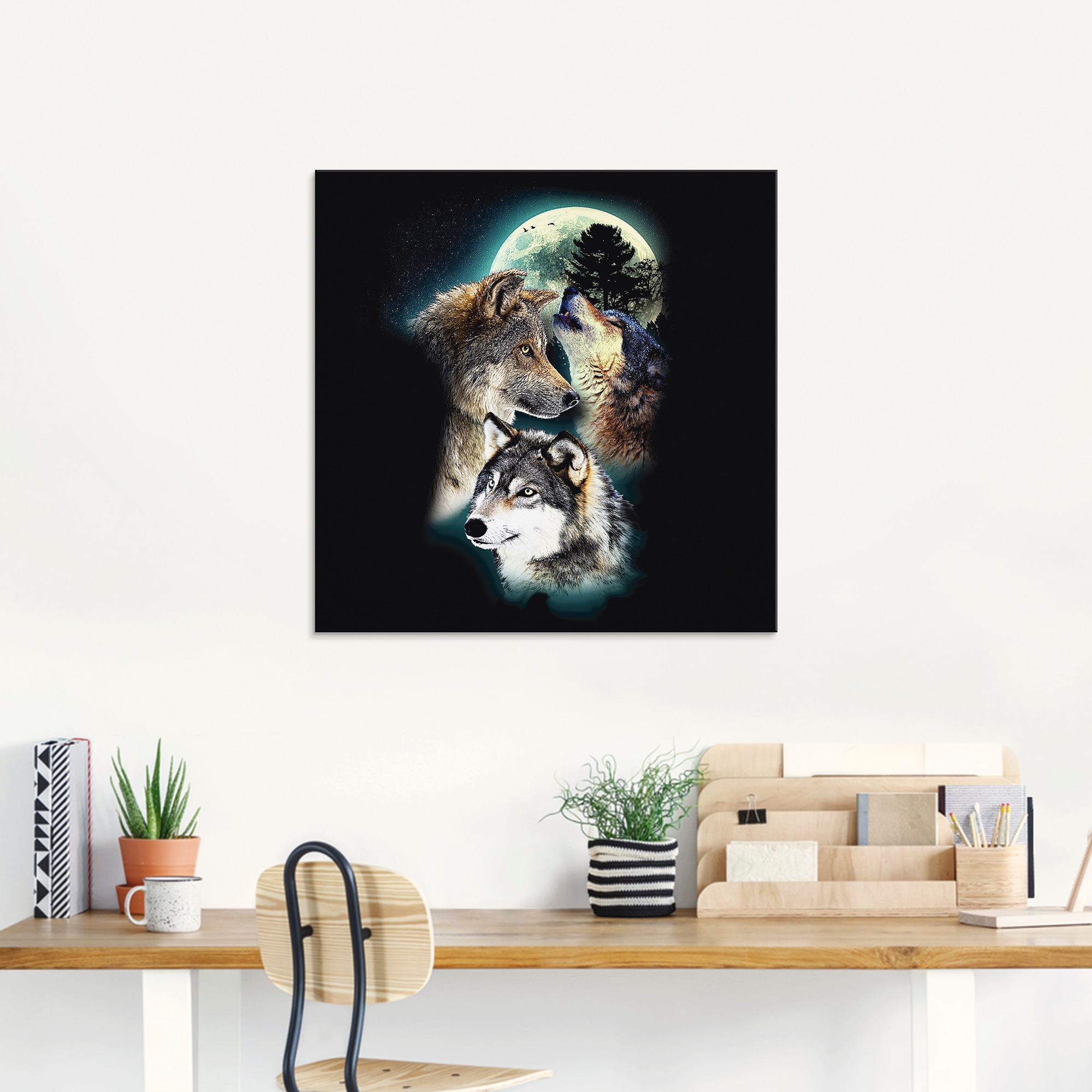Artland Glasbild »Phantasie Wolf Wölfe mit Mond«, Wildtiere, (1 St.), in verschiedenen Grössen