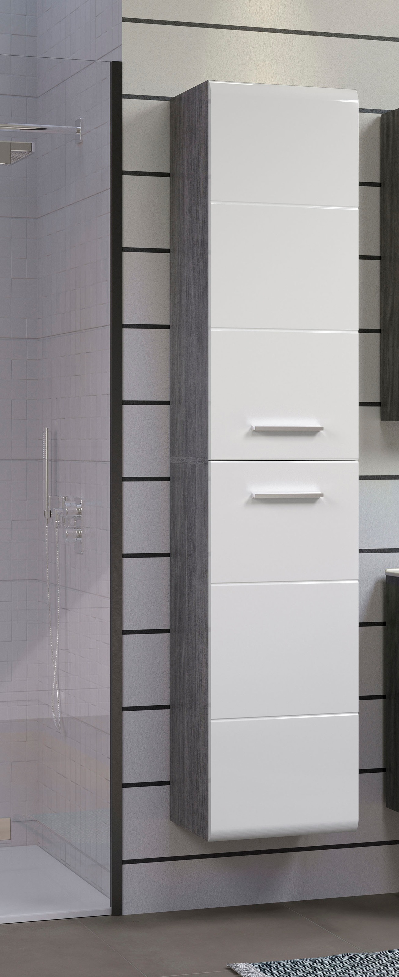 welltime Badmöbel-Set »Ravenna«, (3 St.), Hochschrank, Waschtisch, Spiegelschrank mit Wäschekorb und Waschbecken