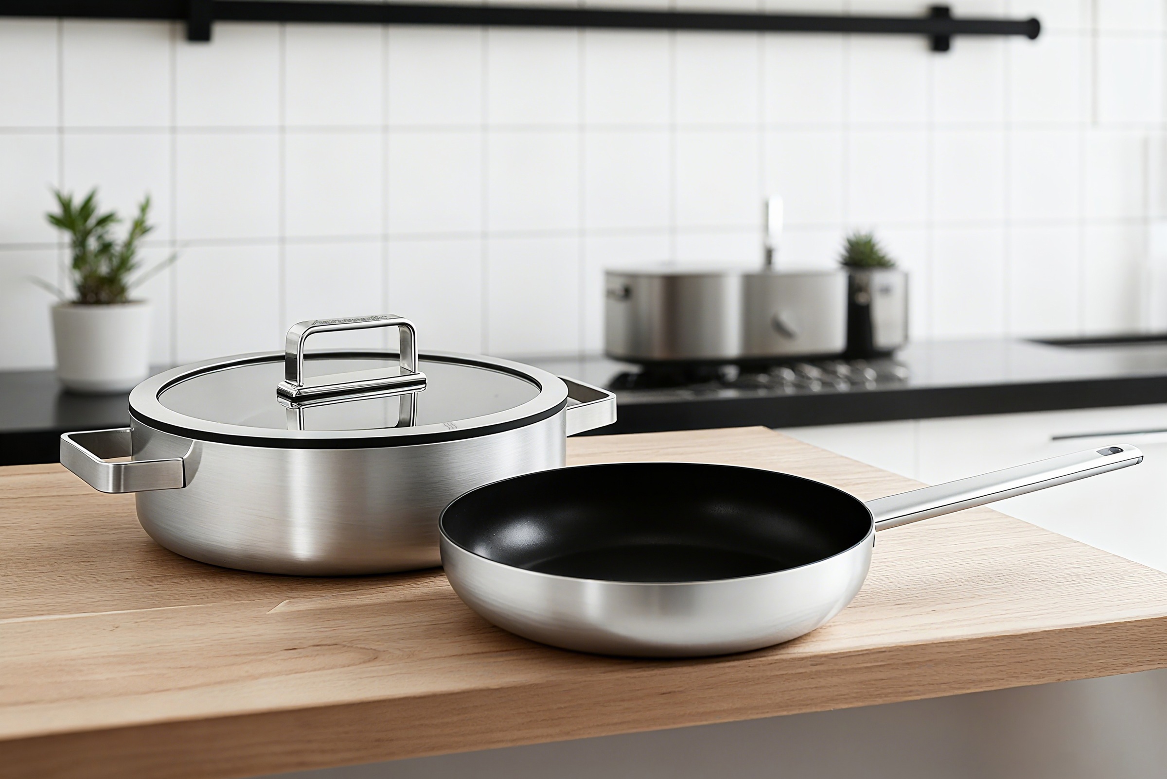 Hanseatic Pfannen-Set »PREMIUM«, Edelstahl, (Set, 3 tlg., 1x Pfanne 24 cm, 1x Servierpfanne 28 cm mit Deckel), mit Antihaftbeschichtung, für alle Herdarten, Induktion