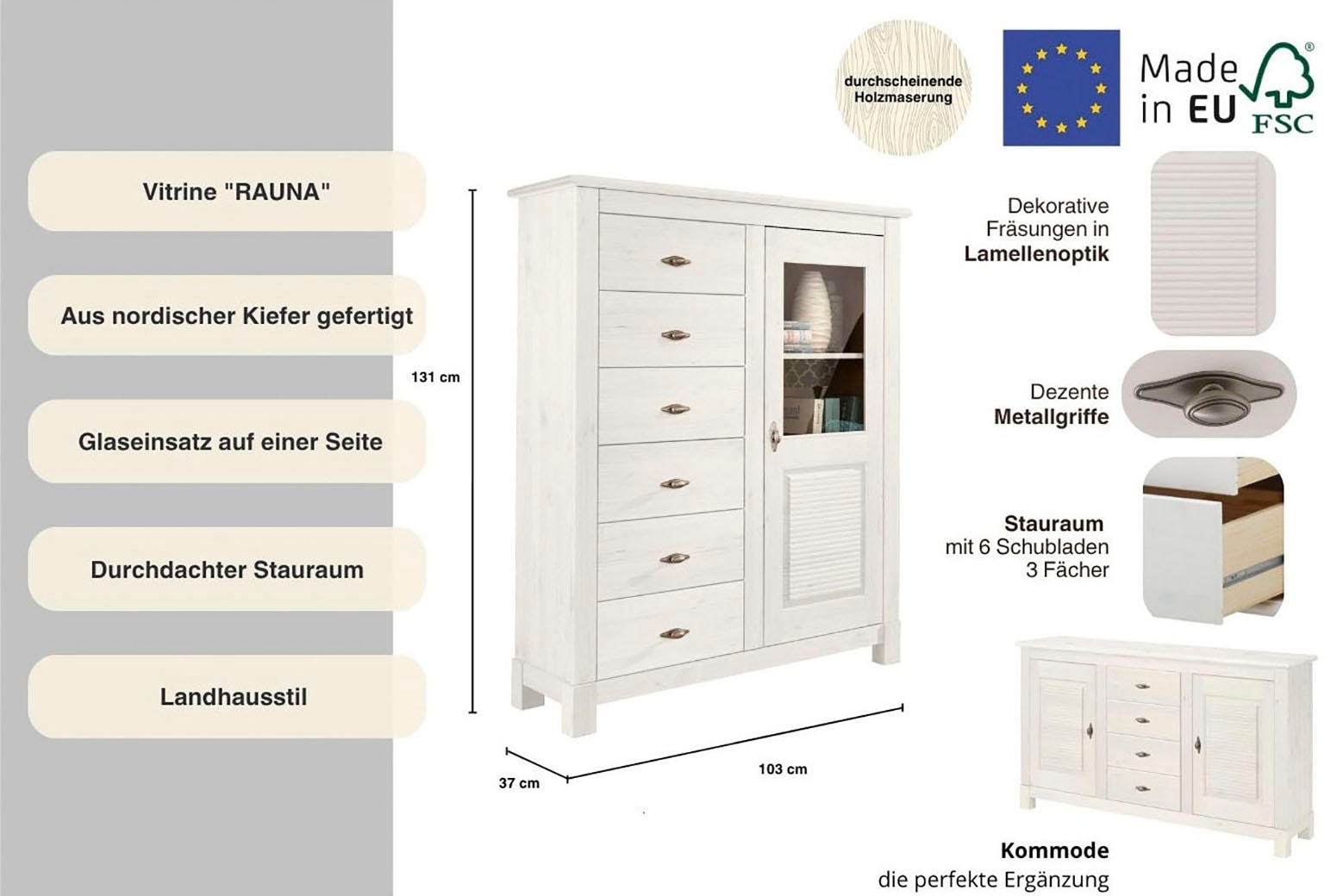 Home affaire Highboard »Rauna« Vitrine, Breite 103 cm, FSC®-zertifiziertes Massivholz