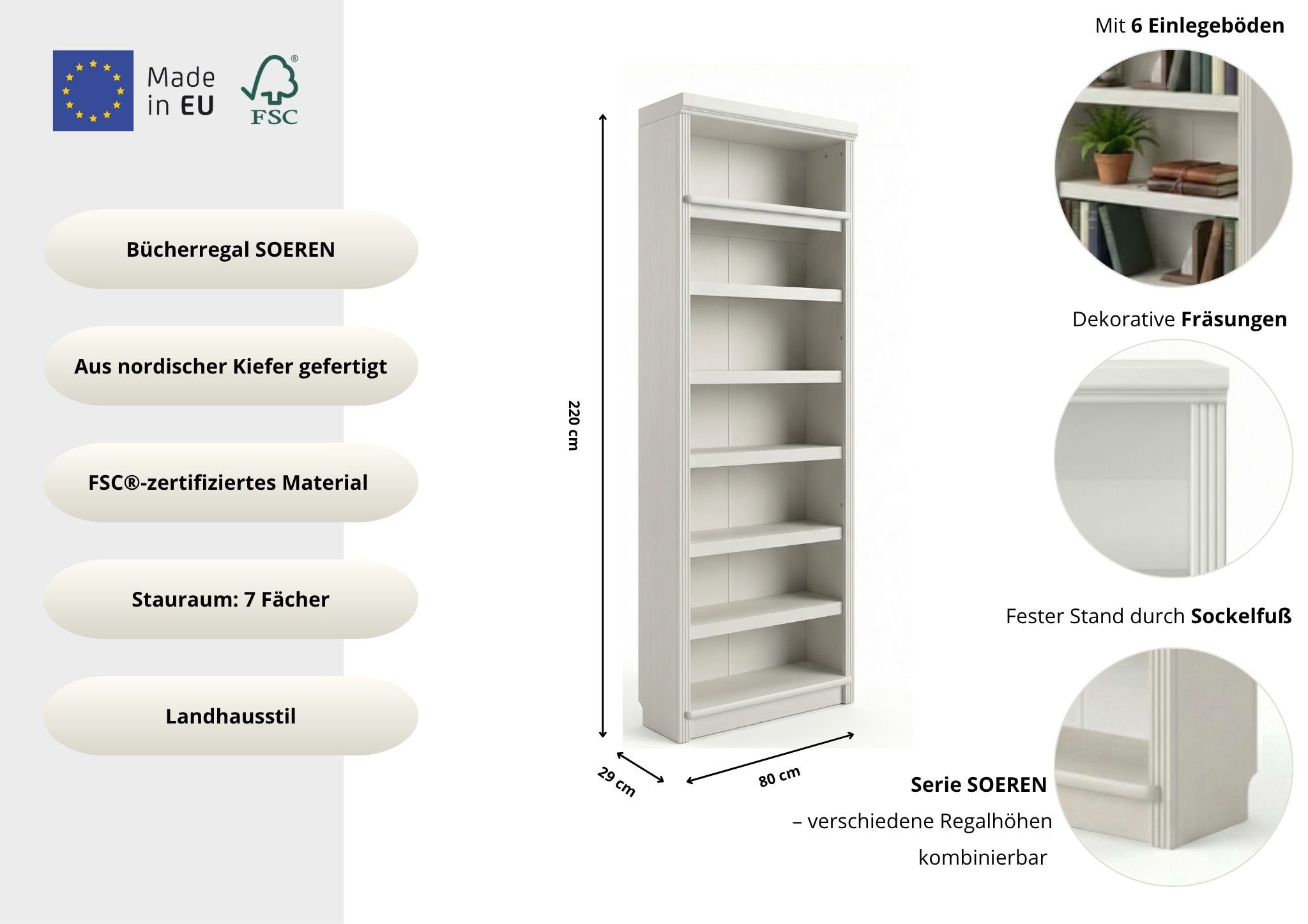 GOODproduct Étagère à livres »Soeren Regal mit teilweise variabel einsetzbaren Einlegeböden« 7 compartiments ouverts, pin massif, certifié FSC®