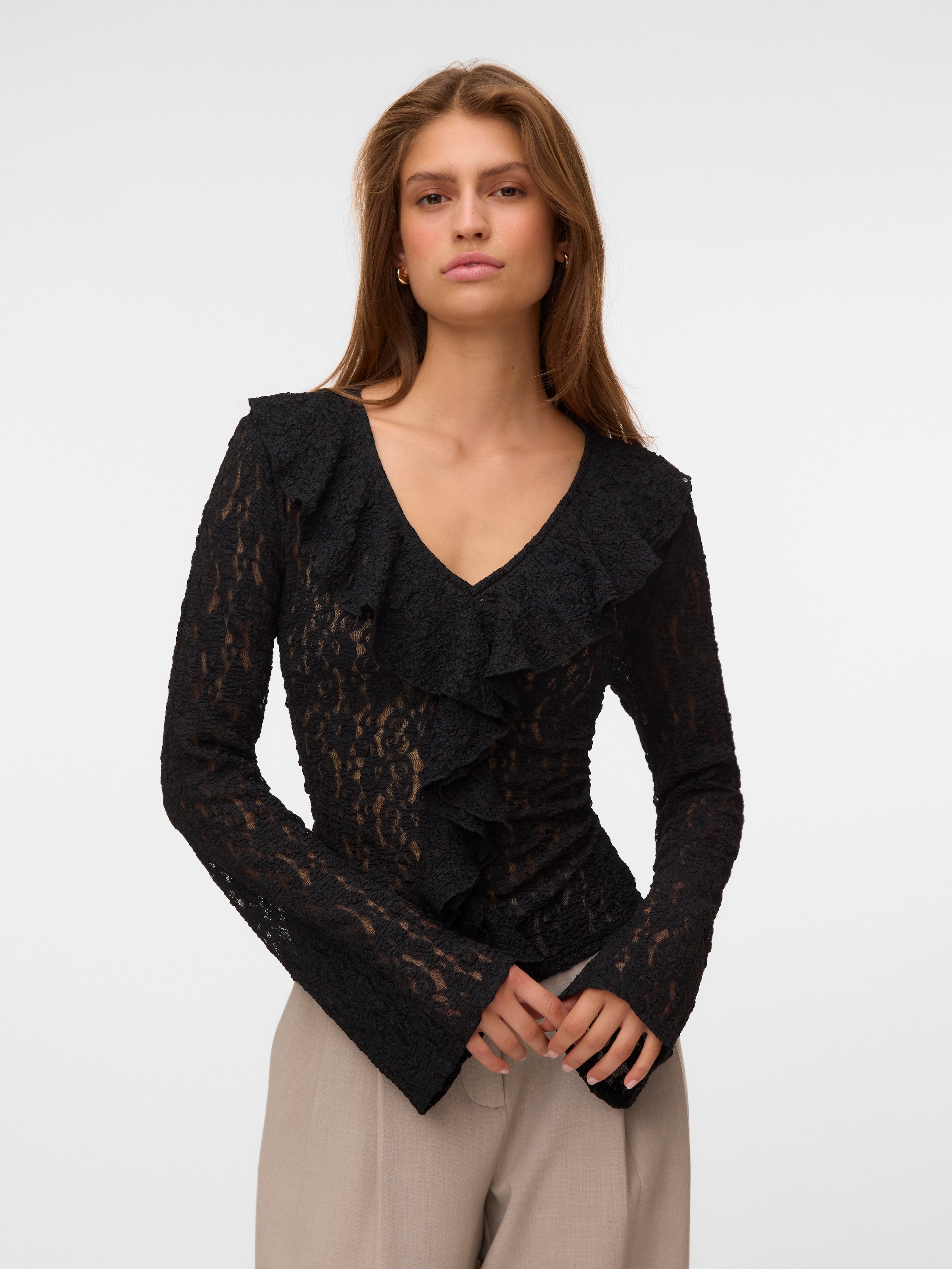 Image of Vero Moda Langarmshirt "VMFLORA FRILL LS TOP JRS NOOS" Materialmix, regular fit