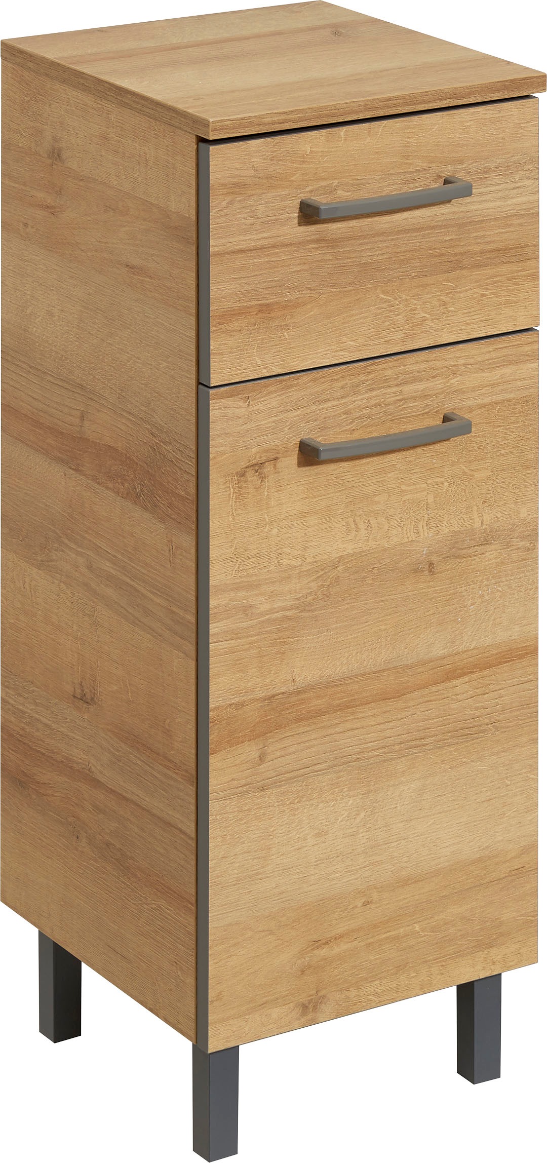 Image of Saphir Unterschrank "Quickset 919 Badschrank mit 1 Tür, 1 Schublade, 30 cm breit" Badezimmermöbel, Riviera Eiche quer Nachbildung, Griffe in Grau