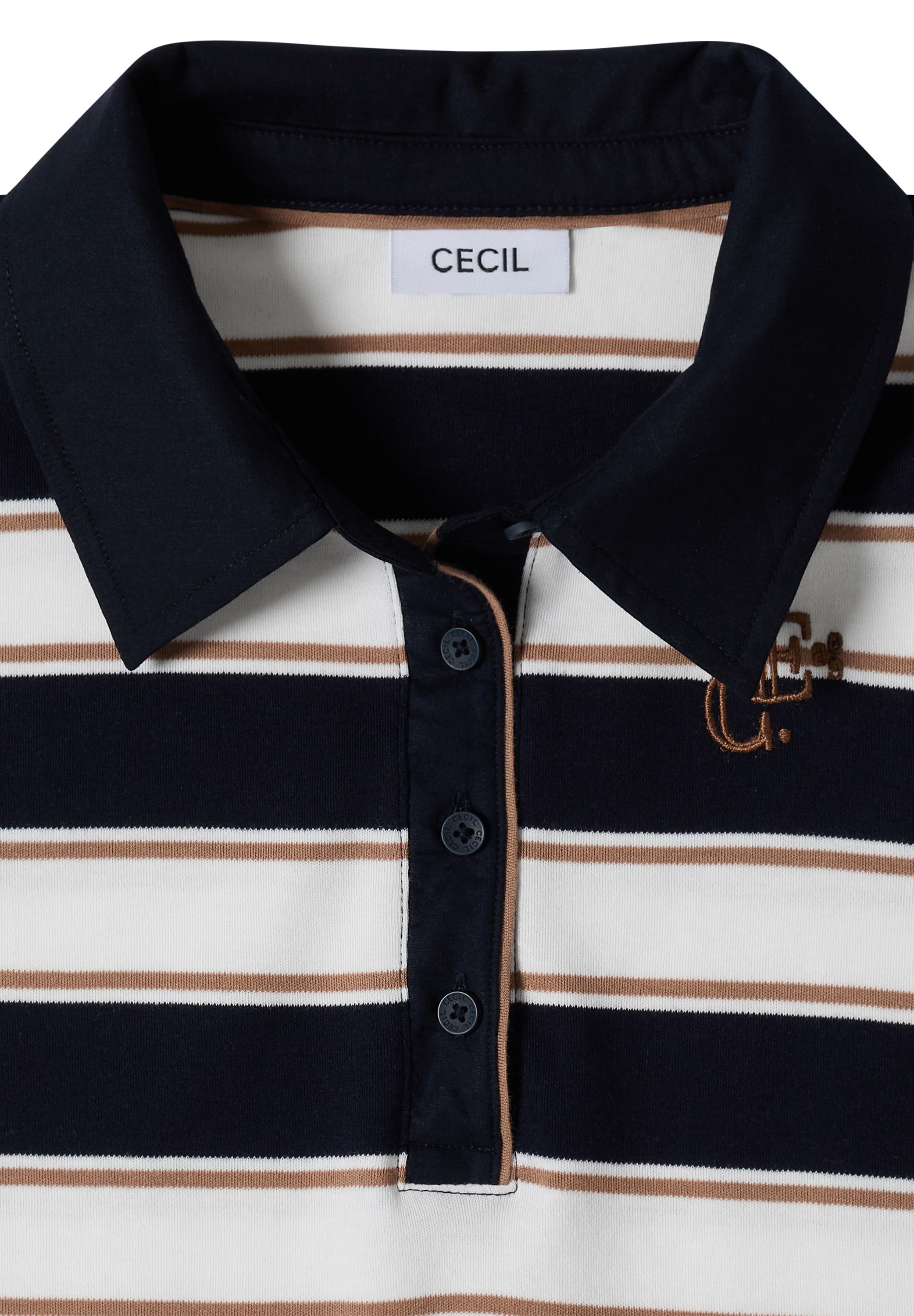 Cecil Langarm-Poloshirt mit Streifen und Stickerei