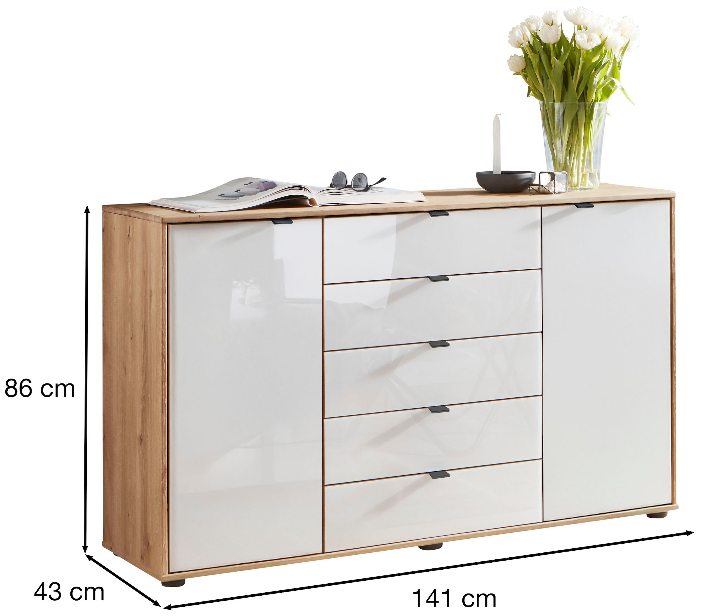 WIEMANN Commode combinée »Cardiff Sideboard, Wäscheschrank, teilmassiv Bianco-Eiche, Schubladen« Kommode 141x86x43 cm, braun, mit Dämpfung, MADE IN GERMANY,  verschiedenen Ausführungen, inklusive Einlegeböden
