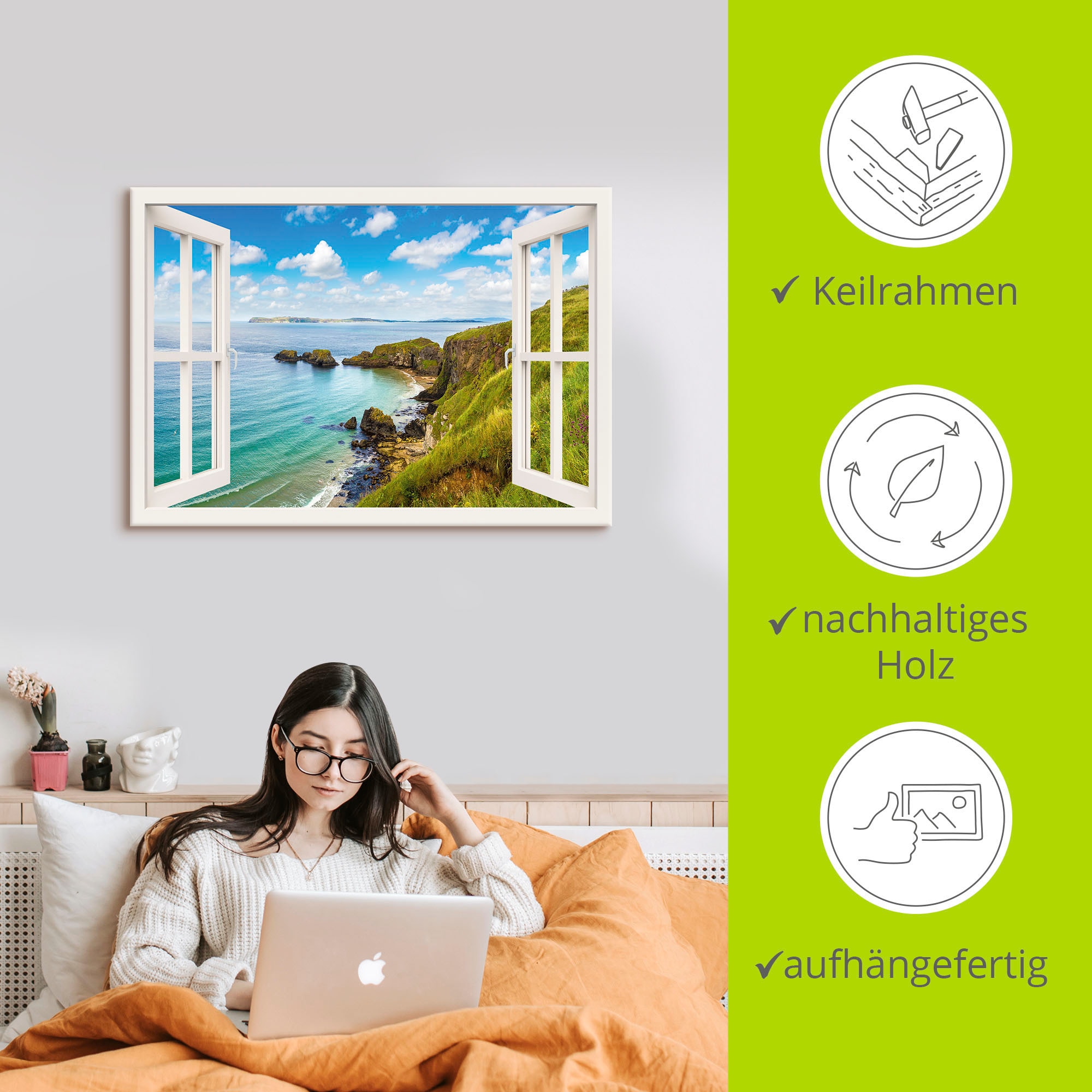 Artland Wandbild »Küstenweg in Nordirland durchs Fenster«, Meer Bilder, (1 St.), als Leinwandbild, Wandaufkleber oder Poster in versch. Grössen