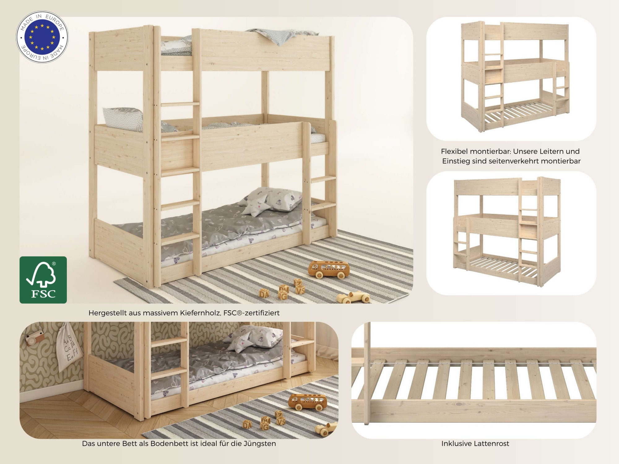 Lüttenhütt Etagenbett »TIPO BESTSELLER! Stockbett, Hochbett, Bodenbett, platzsparend«, (Leitern beidseitig montierbar), mit 3 Schlafplätzen, FSC® zertifiziertes Massivholz (Kiefer)