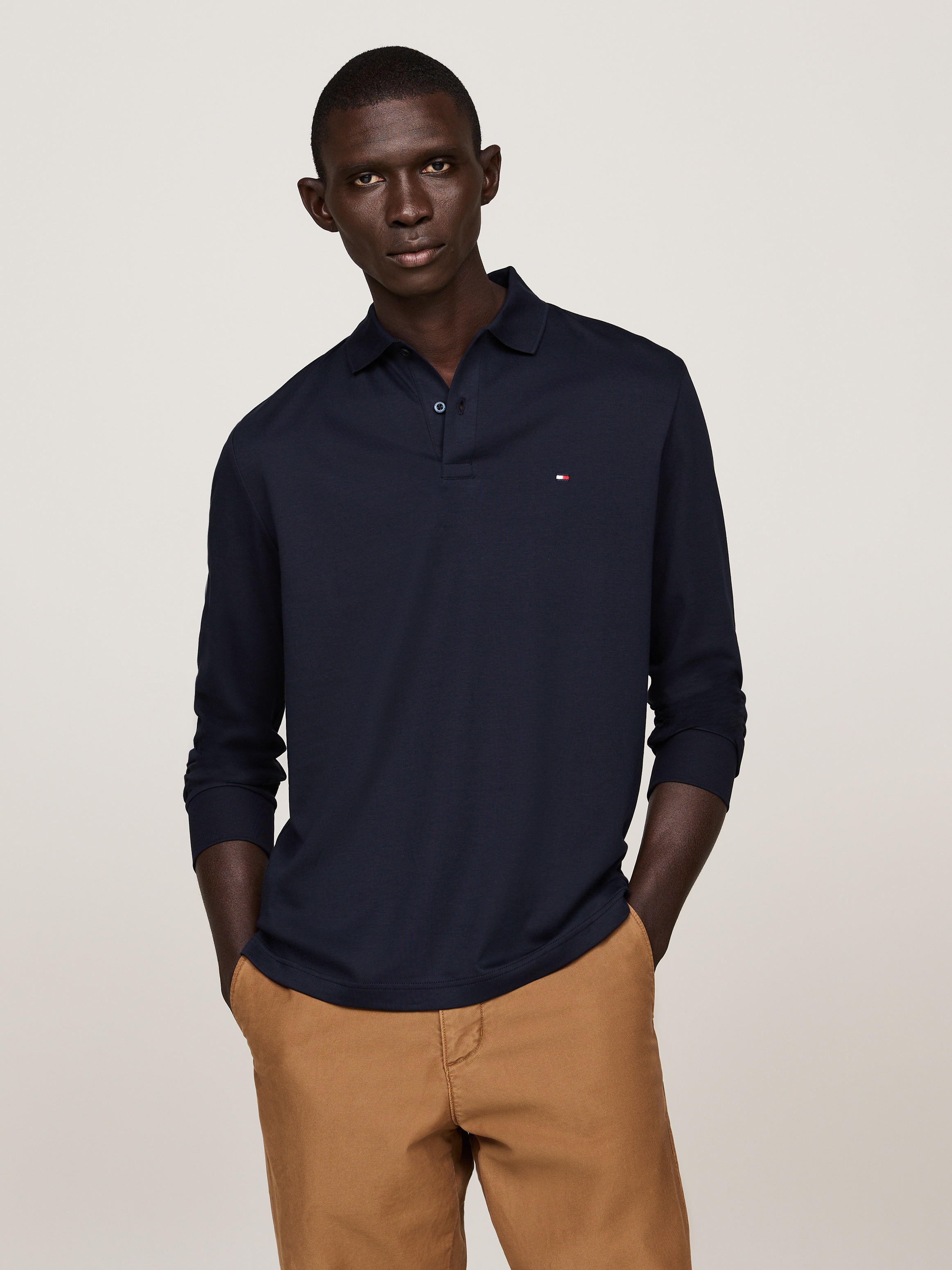 Image of Tommy Hilfiger Langarm-Poloshirt "L/S LIQUID COTTON REG POLO mit Jersey und Markenlabel" unifarben, casual, regular fit, Baumwolle, Polokragen