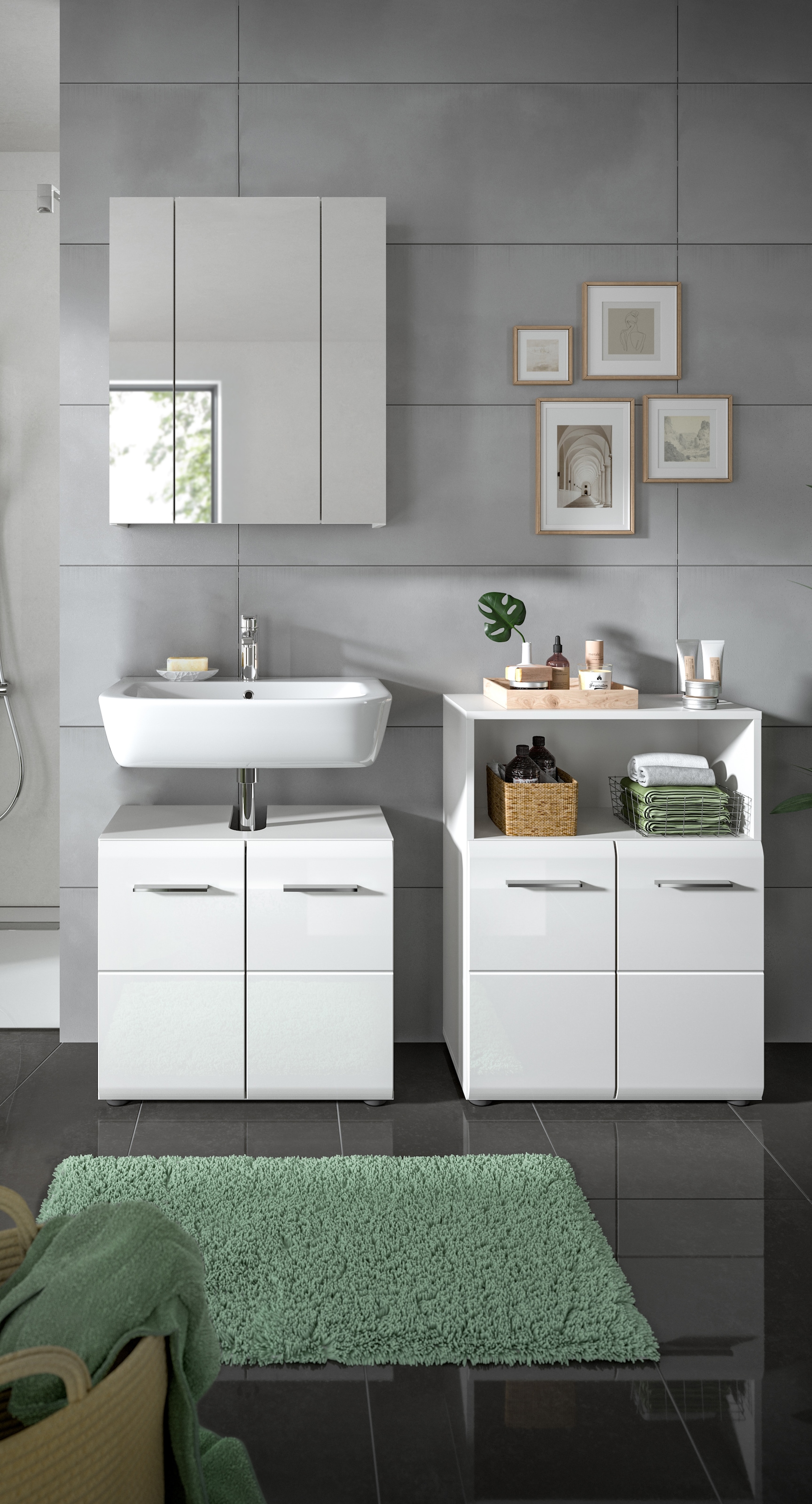 INOSIGN Badmöbel-Set »FLORENZ, TOPSELLER!, 3-teilige Badkombination, hochwertige MDF-Front« Set, best. aus: Waschbeckenunterschrank, Spiegelschrank, Midischrank breit, 