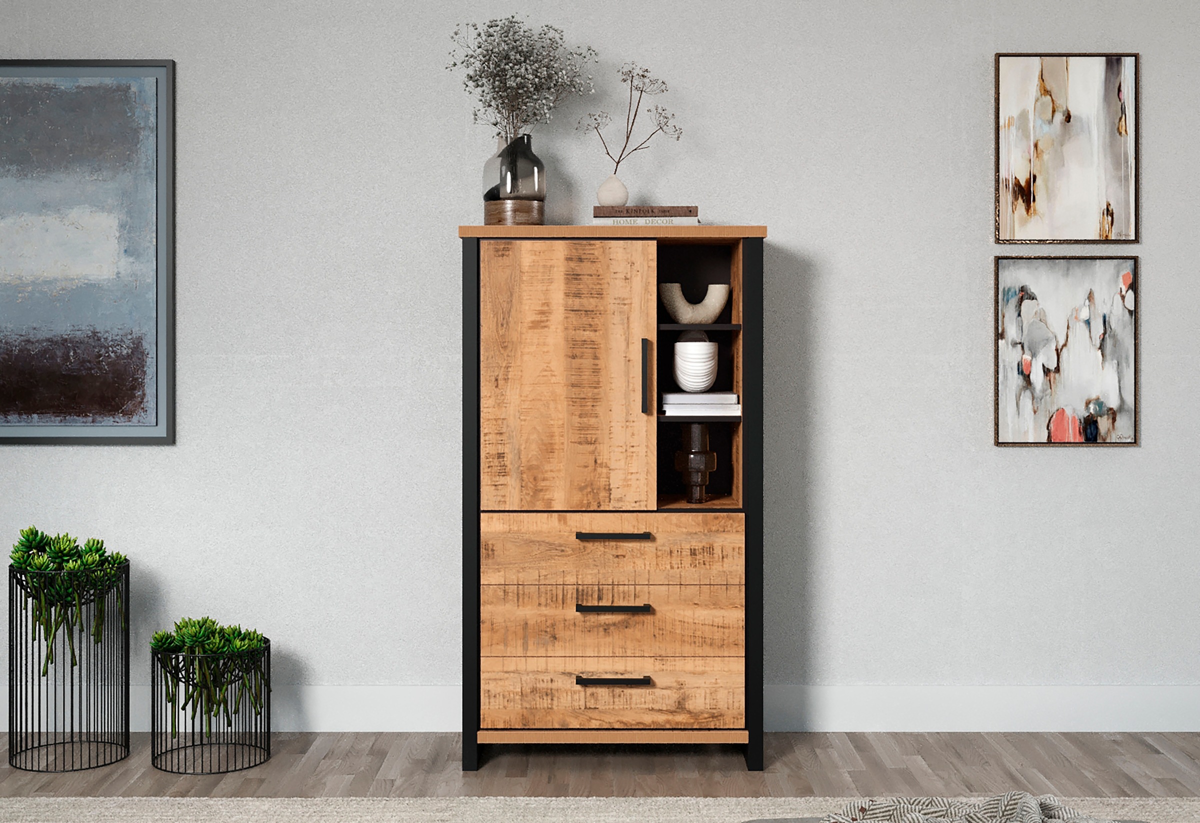Image of Home affaire Highboard "Elda" 1 Stk. tlg. Vitrine mit 1 Tür & 3 Schubladen mit Vollauszug – (B/T/H) 87/45/155 cm