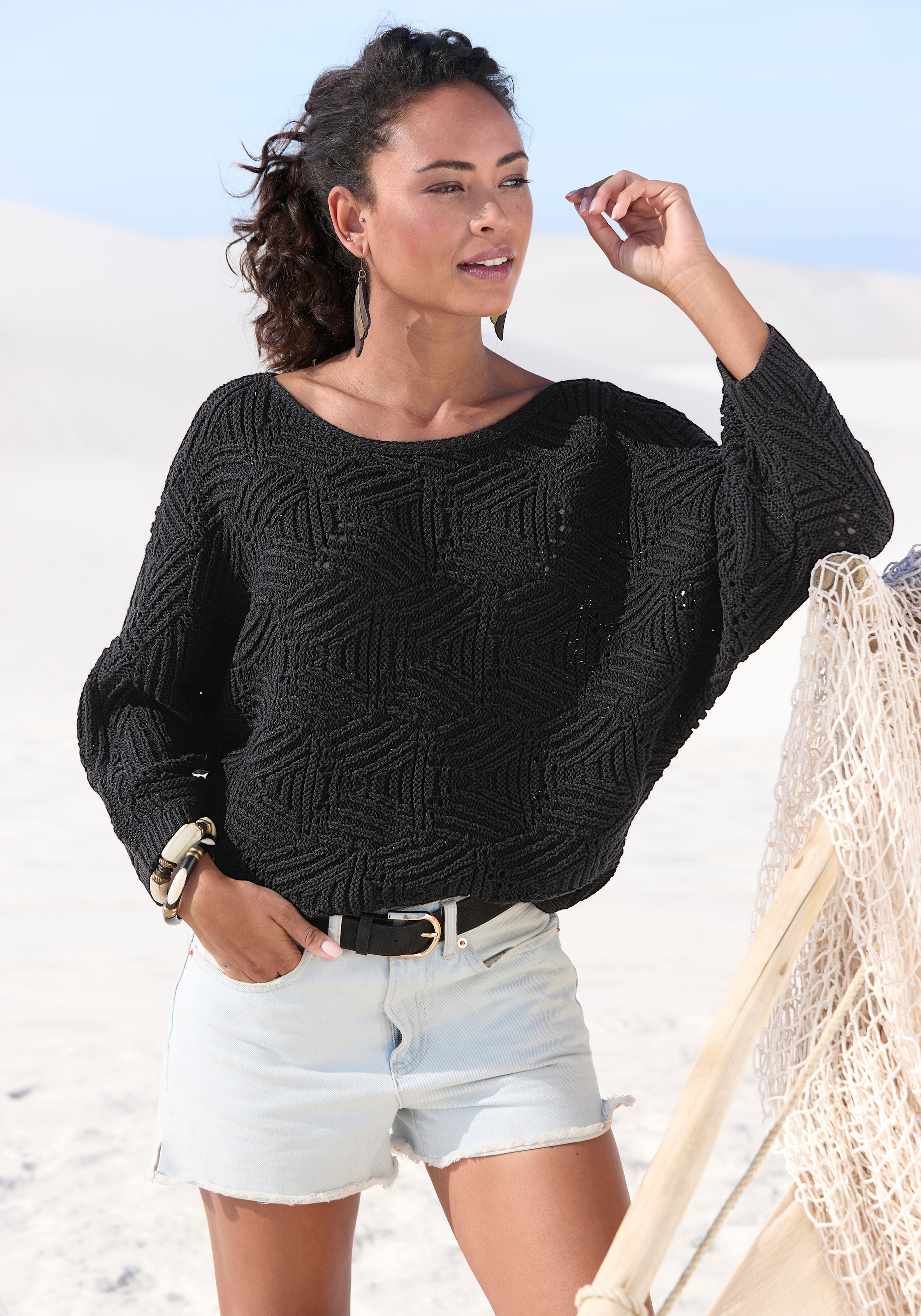 Image of LASCANA Fledermauspullover "mit aufwendigem Strickmuster, Lochstrickmuster" modischer Ajourpullover, Oversize-Pullover, Strickpullover, Frühling