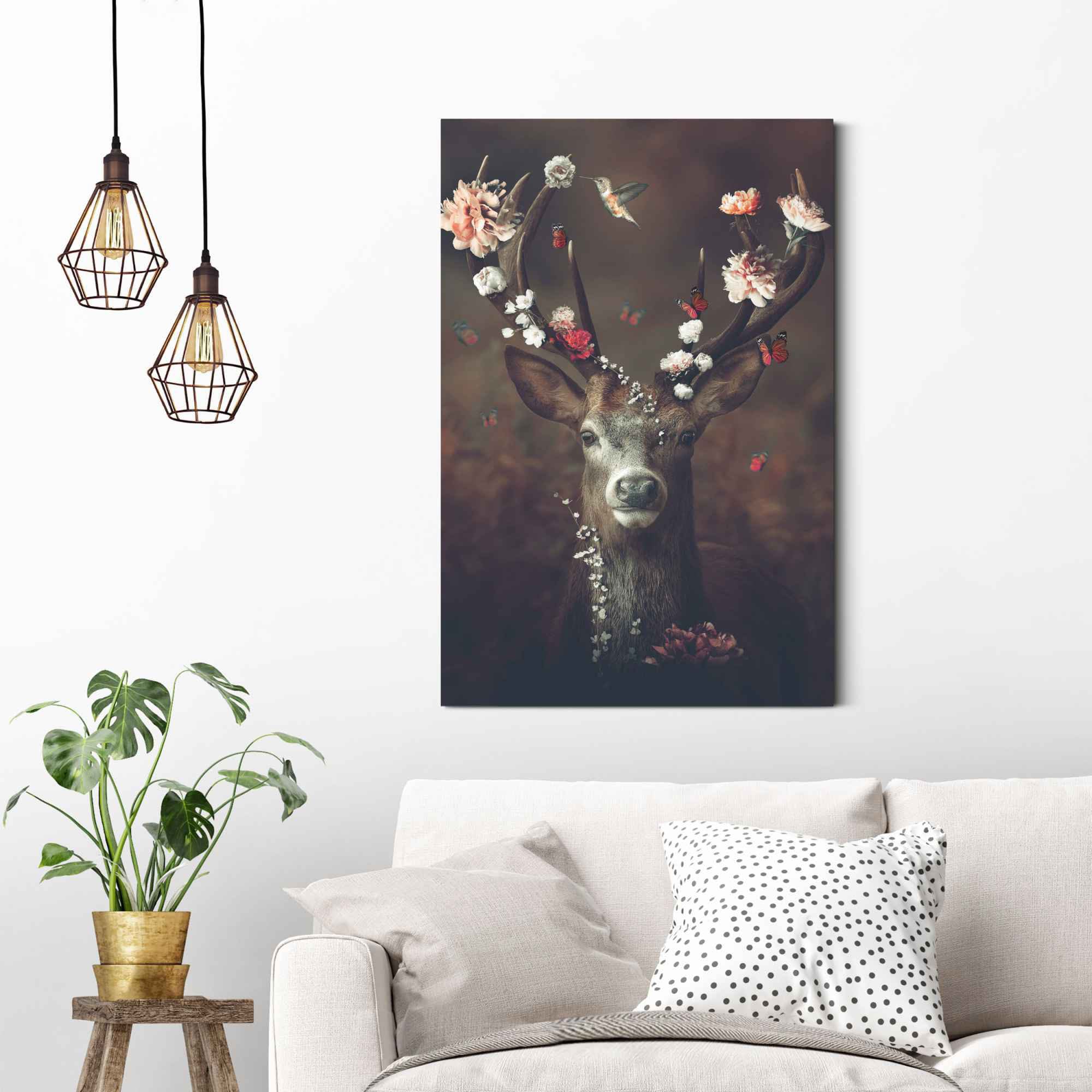 Image of Reinders Wandbild "Hirsch Romantisch - Kolibri - Schmetterling - Blumenkranz" Hirsche 1 Stk. tlg.
