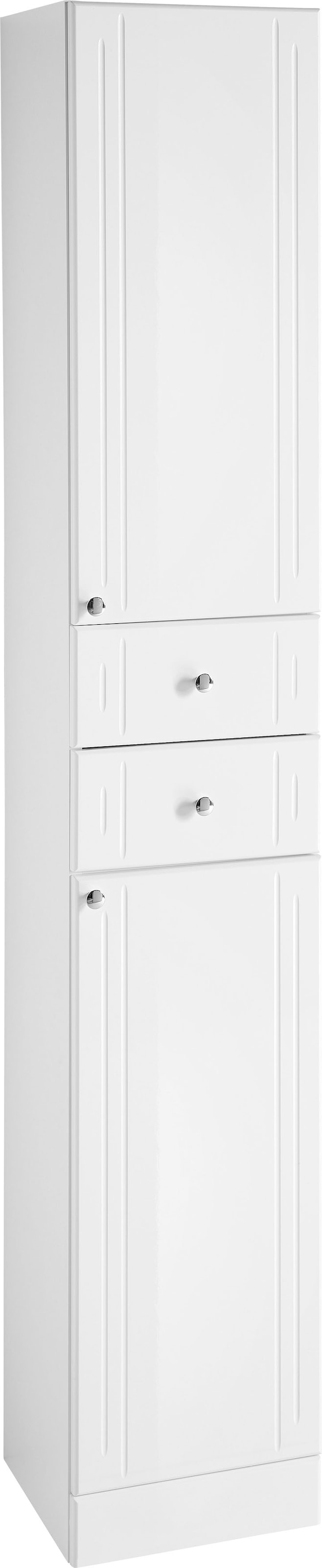 Image of Saphir Hochschrank "Quickset 955 Badschrank, 32,5 cm breit, 2 Türen, 2 Schubladen" Badezimmer-Hochschrank inkl. Türdämpfer, Griffe in Chrom glänzend