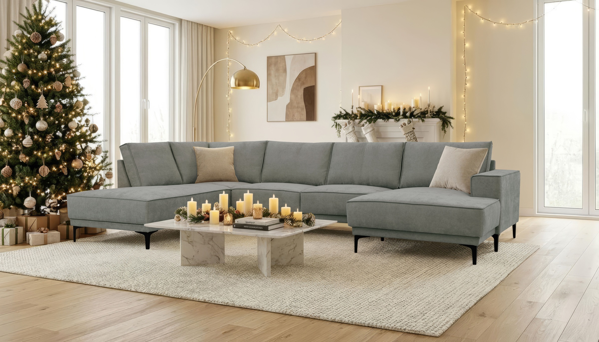 GOODproduct Wohnlandschaft »XXL Sofa Oland, Struktur, Flachgewebe, Luxus-Microfaser, Boucle« U-Form, 345 cm, Wellenunterfederung, Skandi-Design, Metallfüsse