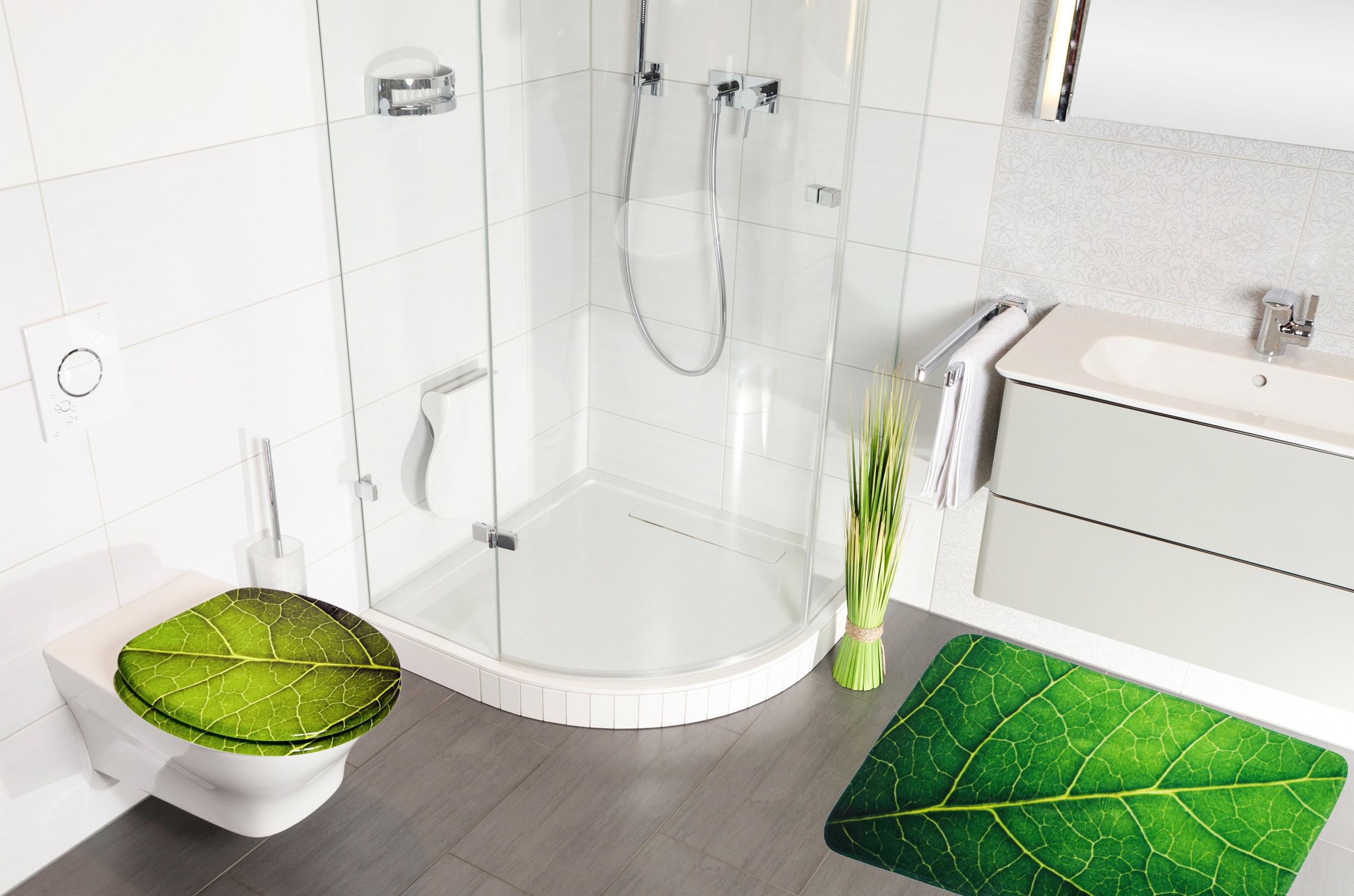 Sanilo Badaccessoire-Set »Blatt« bestehend aus WC-Sitz, Badteppich und Waschbeckenstöpsel