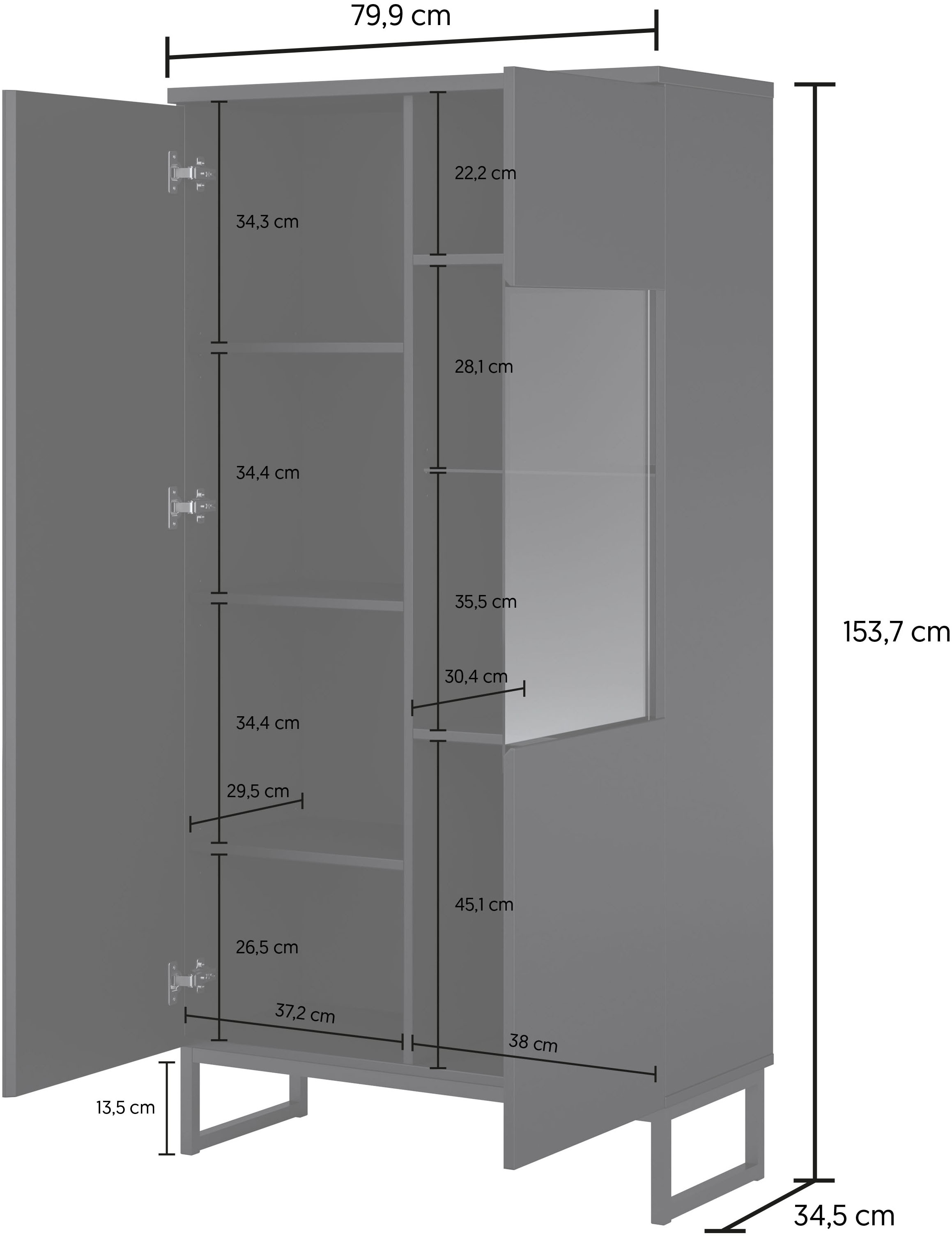 GOODproduct Vitrine »Modo II, Breite 80 cm, moderner griffloser Vitrineschrank« Vitrine viel Stauraum, Einlegeböden verstellbar, Glastür, Metallkufen