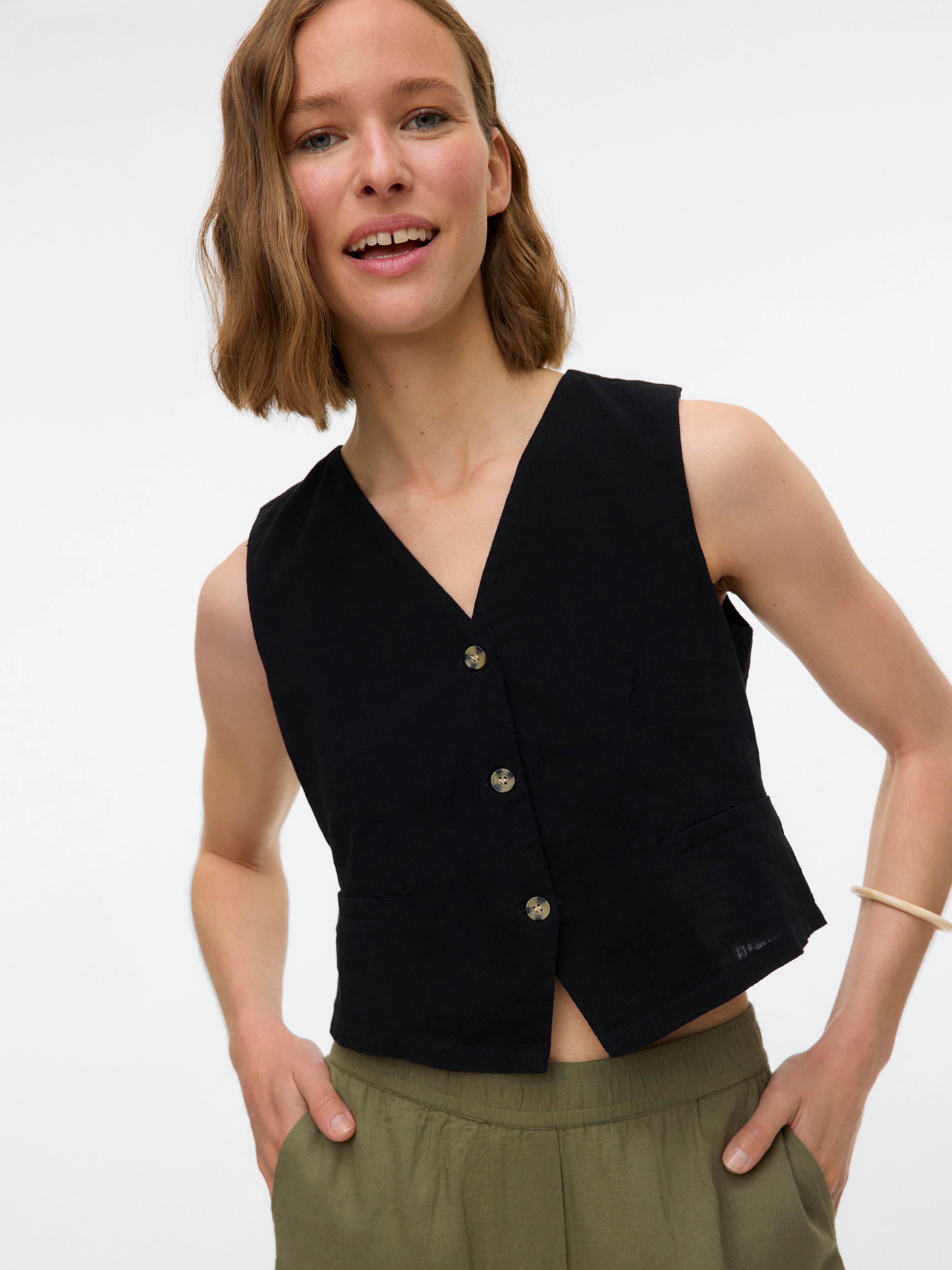 Image of Vero Moda Kurzweste "VMCAIA SL VEST WVN NOOS" Baumwolle mit Leinen, figurbetonte Form