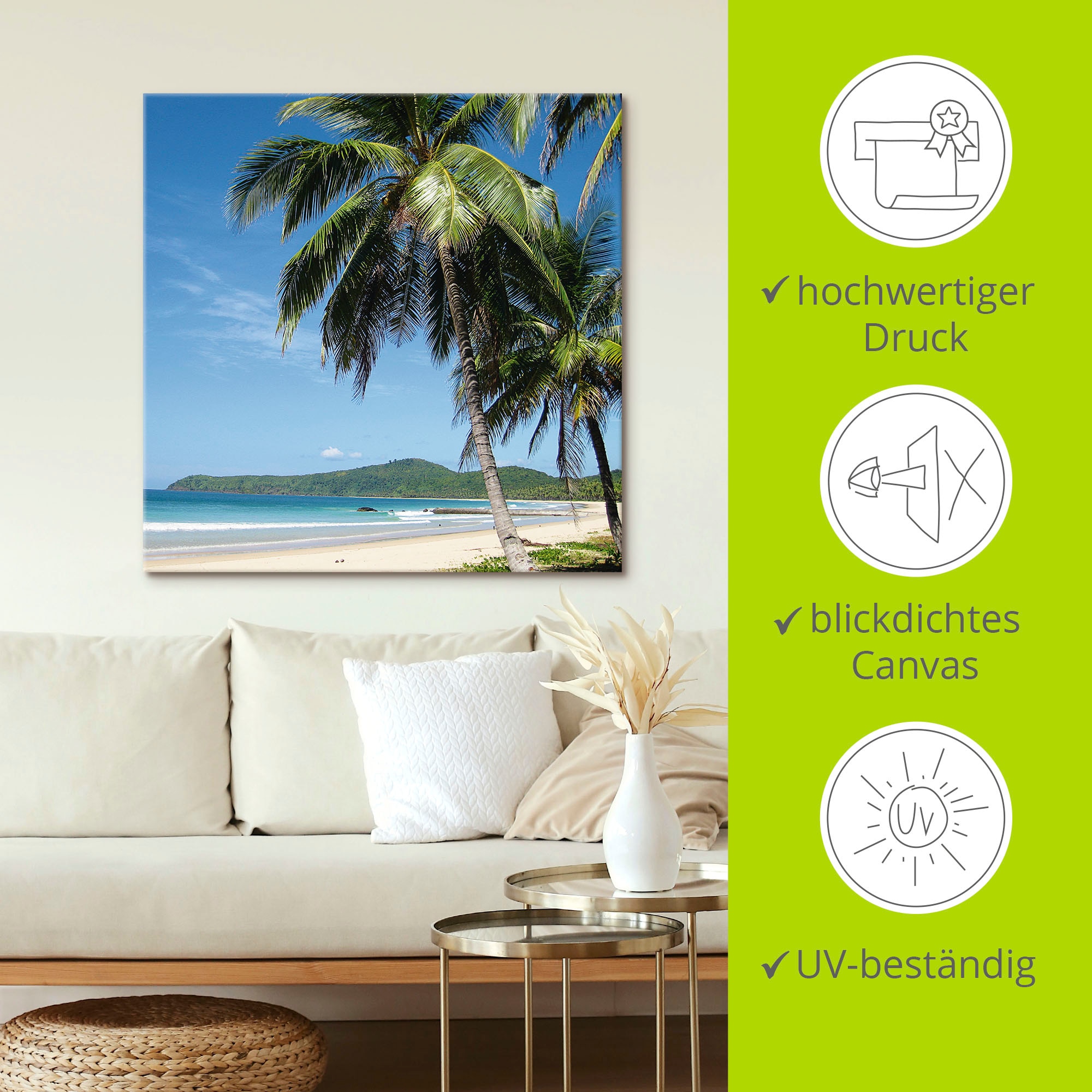 Artland Wandbild »Strand mit Palmen«, Strandbilder, (1 St.), als Alubild, Outdoorbild, Leinwandbild, Poster, Wandaufkleber
