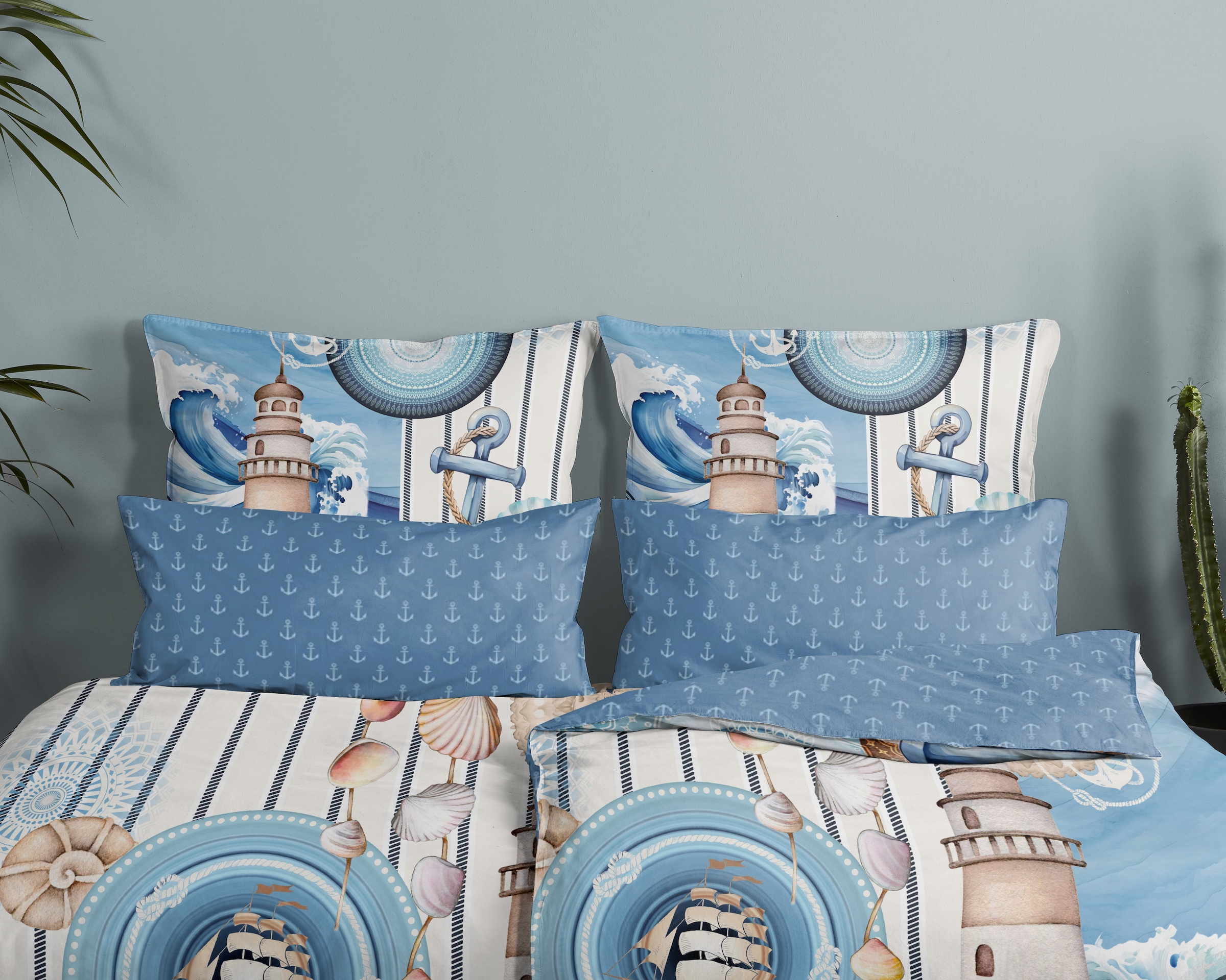hip Wendebettwäsche »Aldiana«, Mako-Satin, Reissverschluss, Wendeoptik, Mandala, Maritim, Blau
