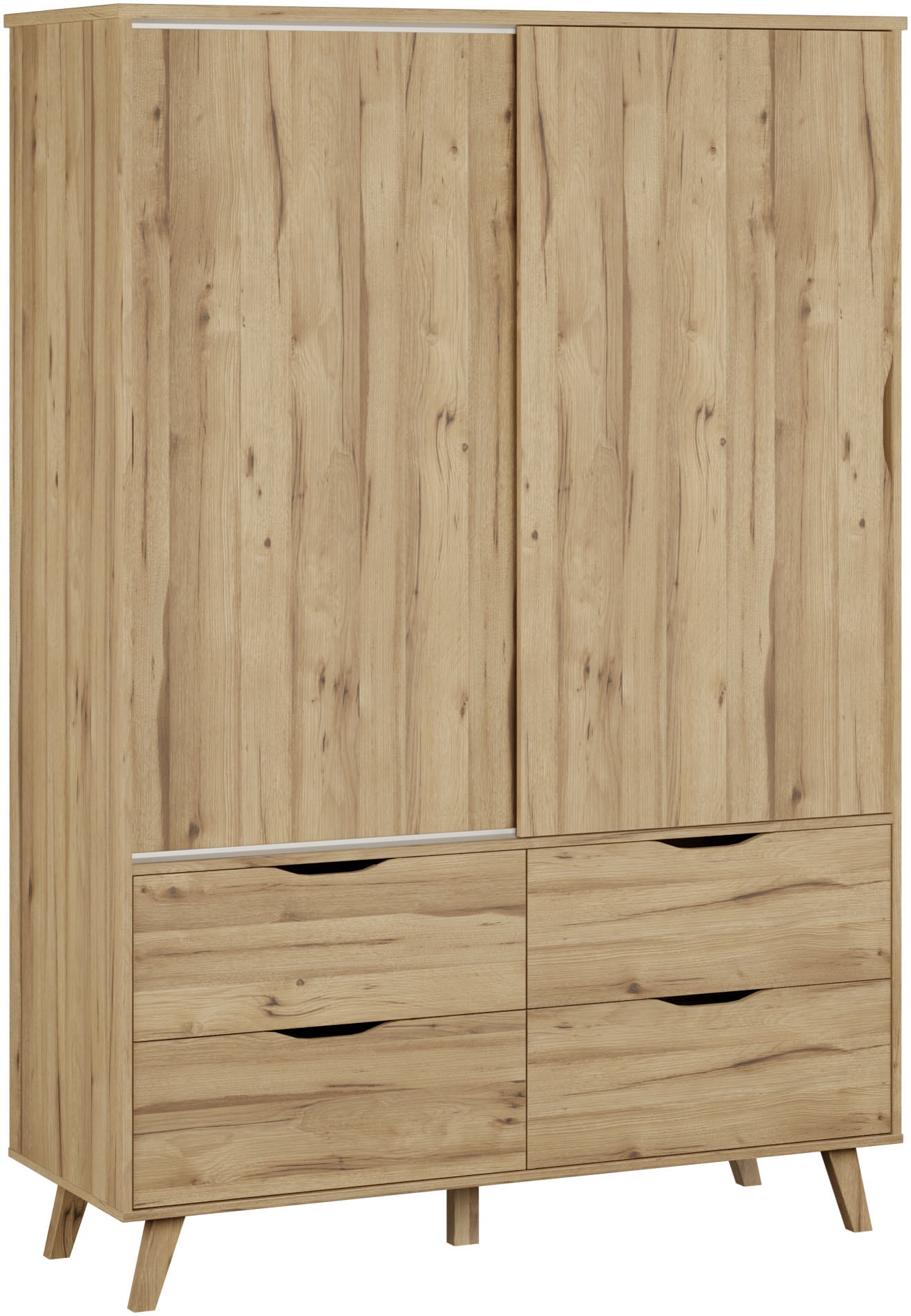Image of FORTE Schiebetürenschrank "Vankka Viel Stauraum, skandinavischer Stil" B/H/T ca.140x200x50cm, Made in Europe, mit Einlegeböden+Kleiderstange+Schubladen,grifflos
