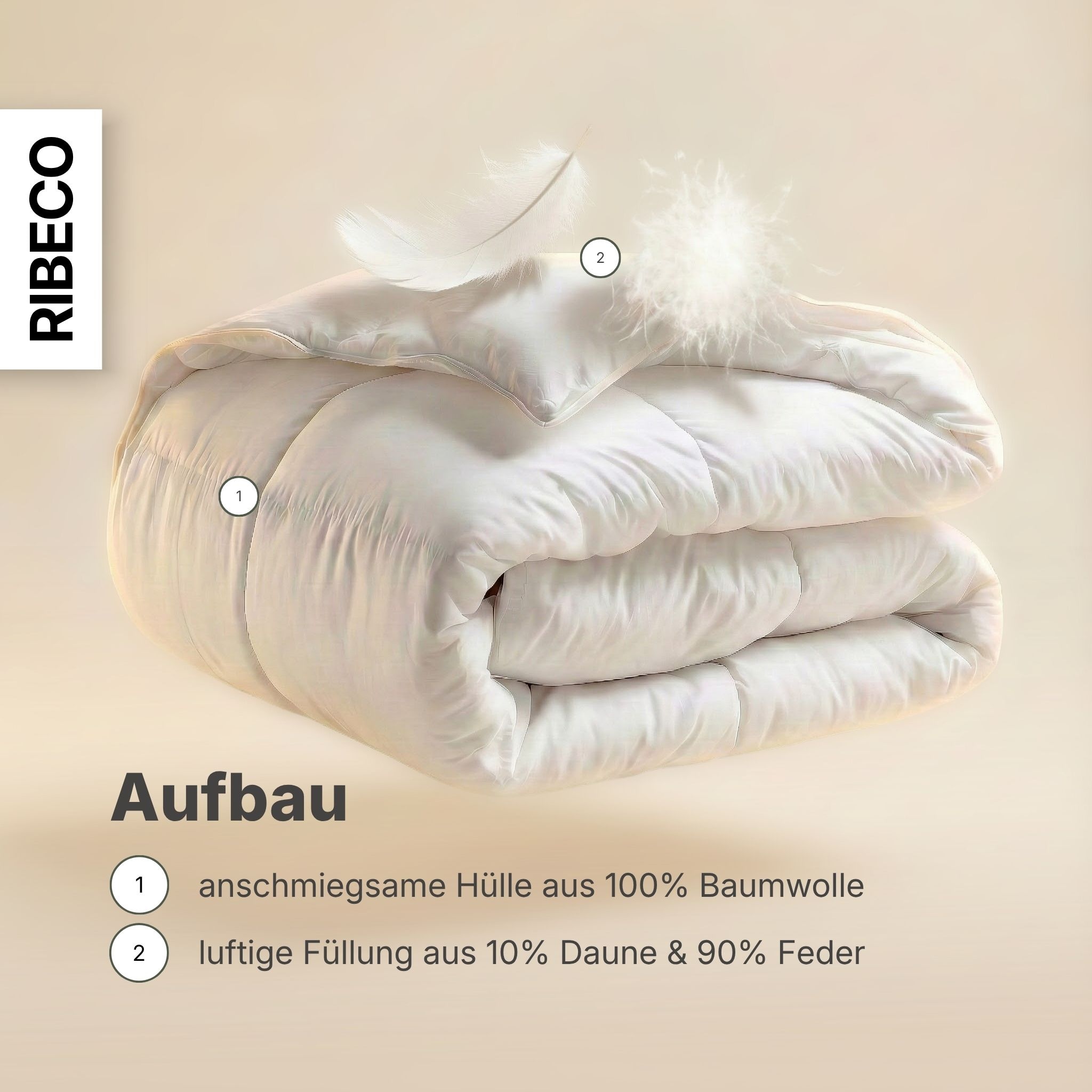RIBECO Couette en plumes »Laram, Bettdecken für Sommer oder Winter, Made in Germany« léger Füllung 90 % plumes, 10 % duvet 1 cuis tlg. Excellent rapport qualité-prix, couette 135x200 cm ou 155x220 cm, couverture