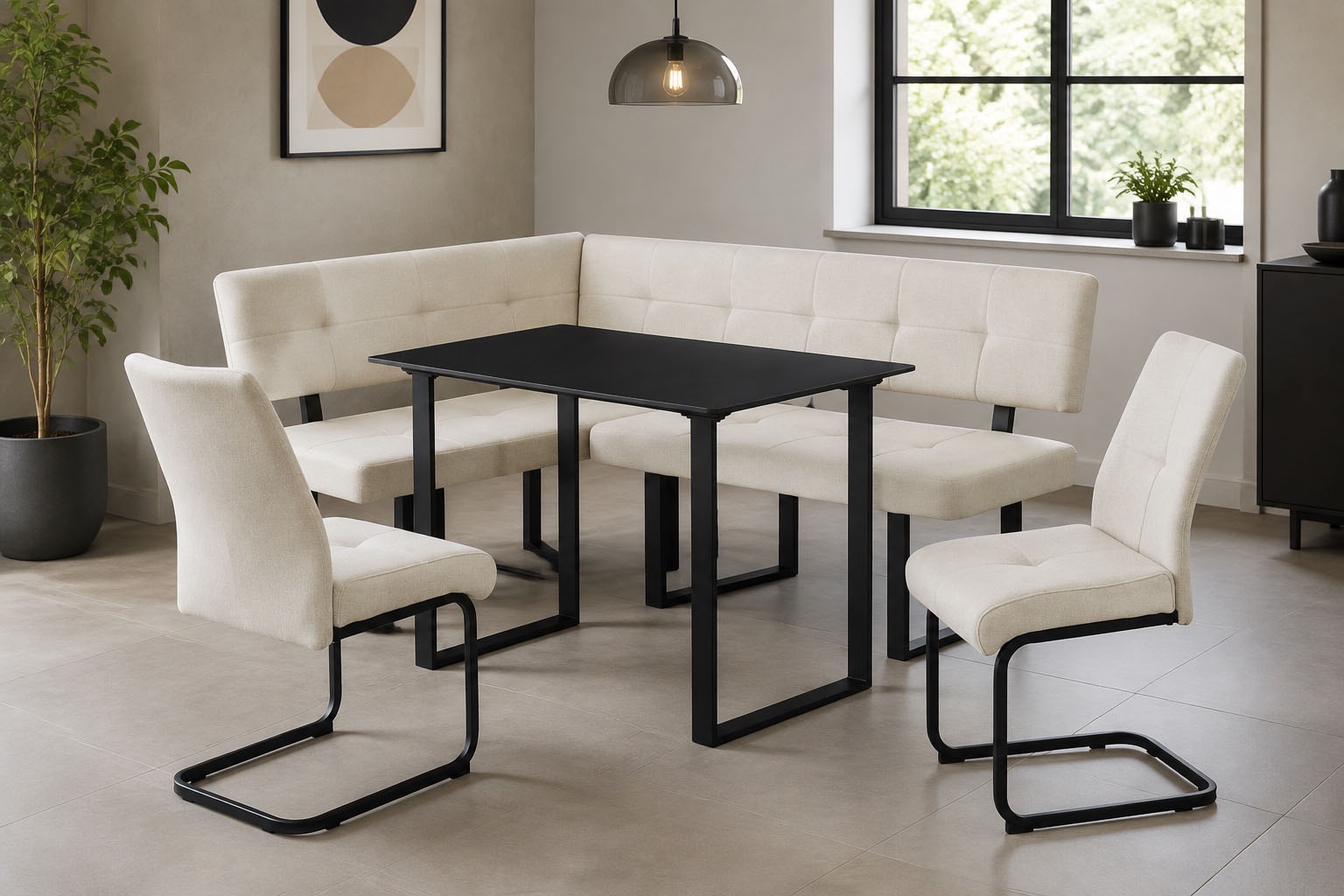 Image of GOODproduct Eckbankgruppe "Alabama, 4tlg-Set, Esstisch, Eckbank plus 2 Stühle" Spar-Set, 4 tlg. Sitzgruppe mit Federkern, 2 Freischwingern und Sinterstein-Tisch