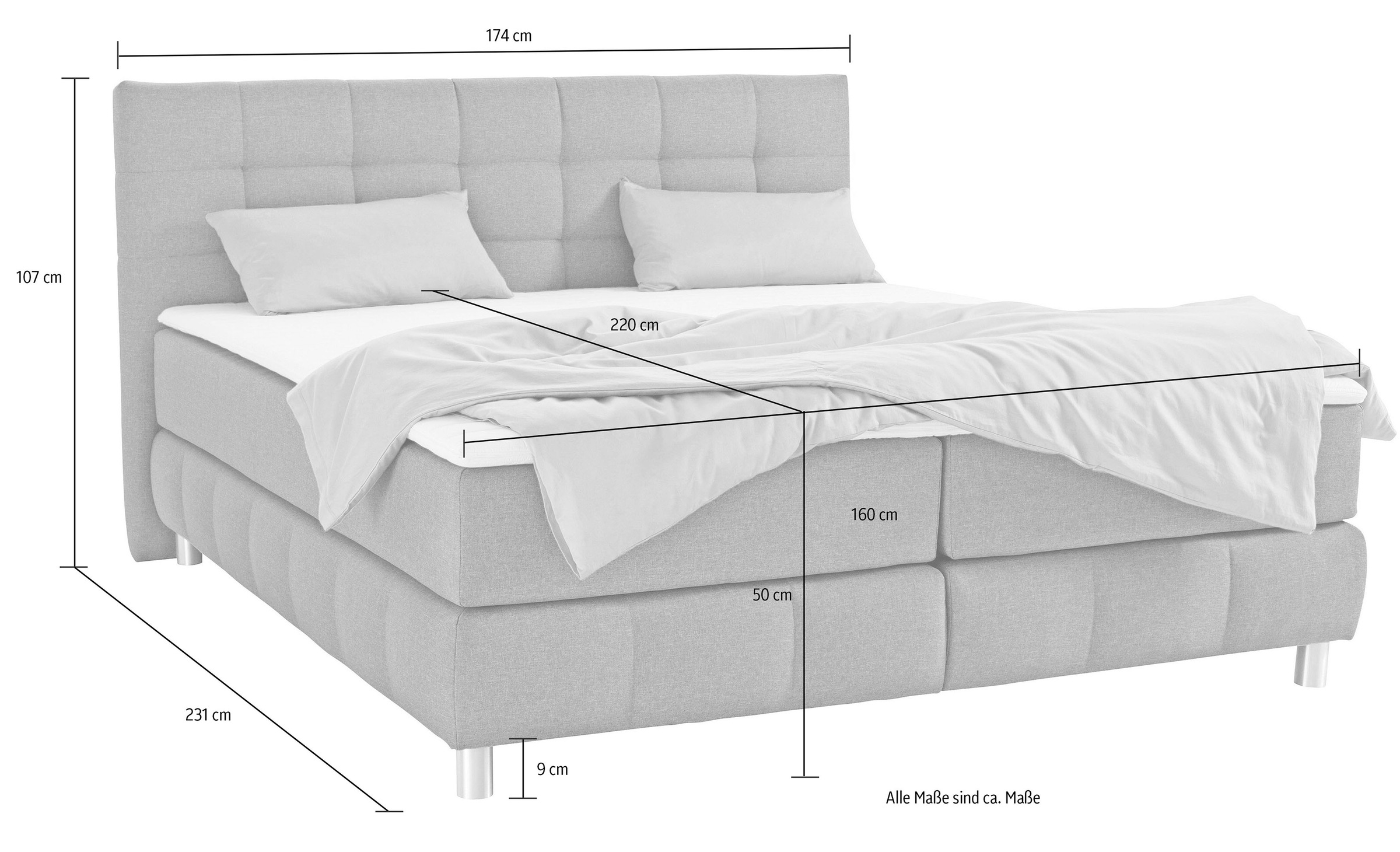 andas Boxspringbett »Salo XXL«, in Samtoptik oder Struktur, 6 Breiten in Überlänge 220cm, 4 Härtegrade