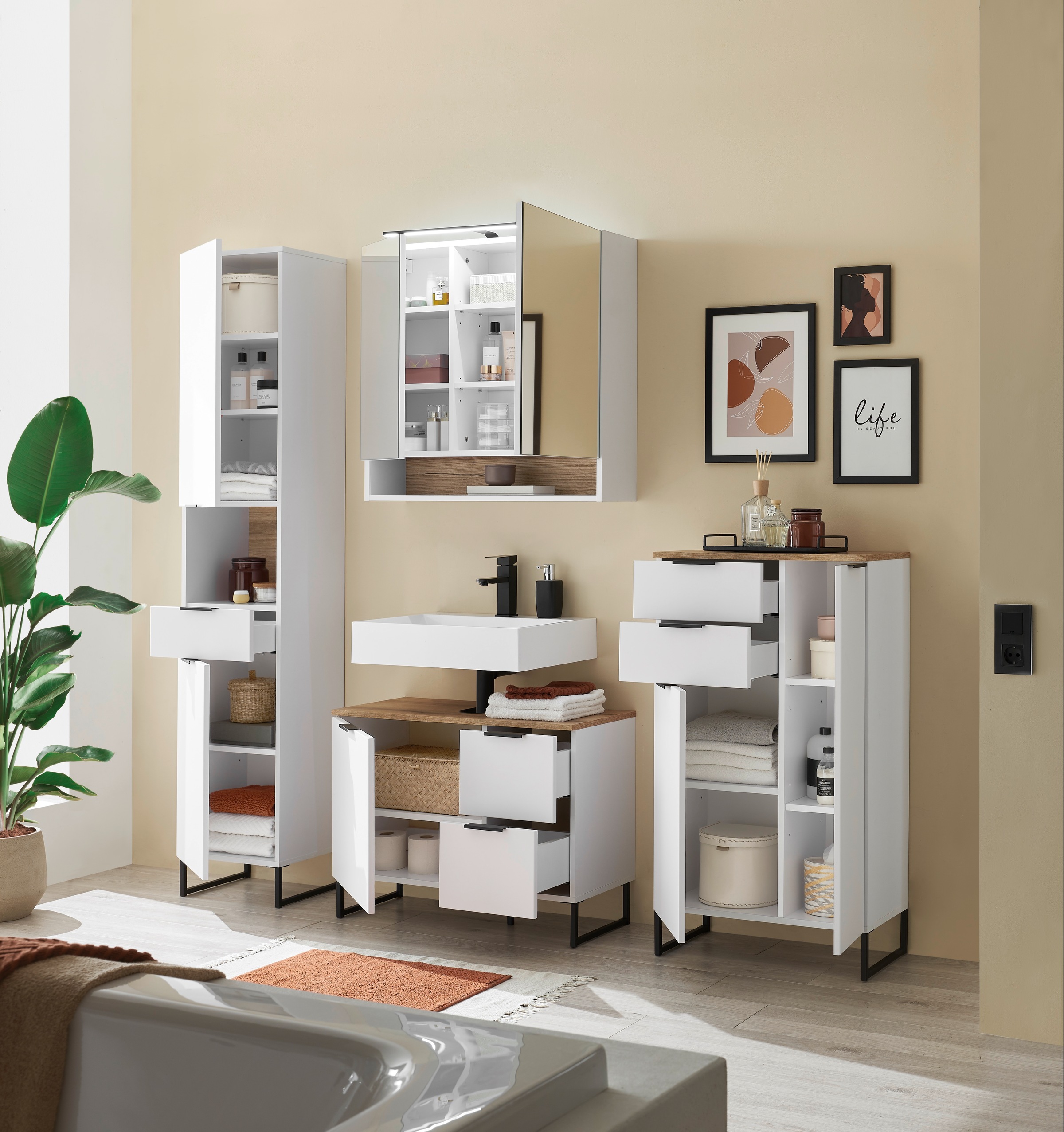 BASIC by Balculina Armoire haute »Denver Hochschrank, Badezimmerschrank BxHxT 38x195x32« 1 cuis tlg. Largeur 38 cm, porte montable G/D, Softclose