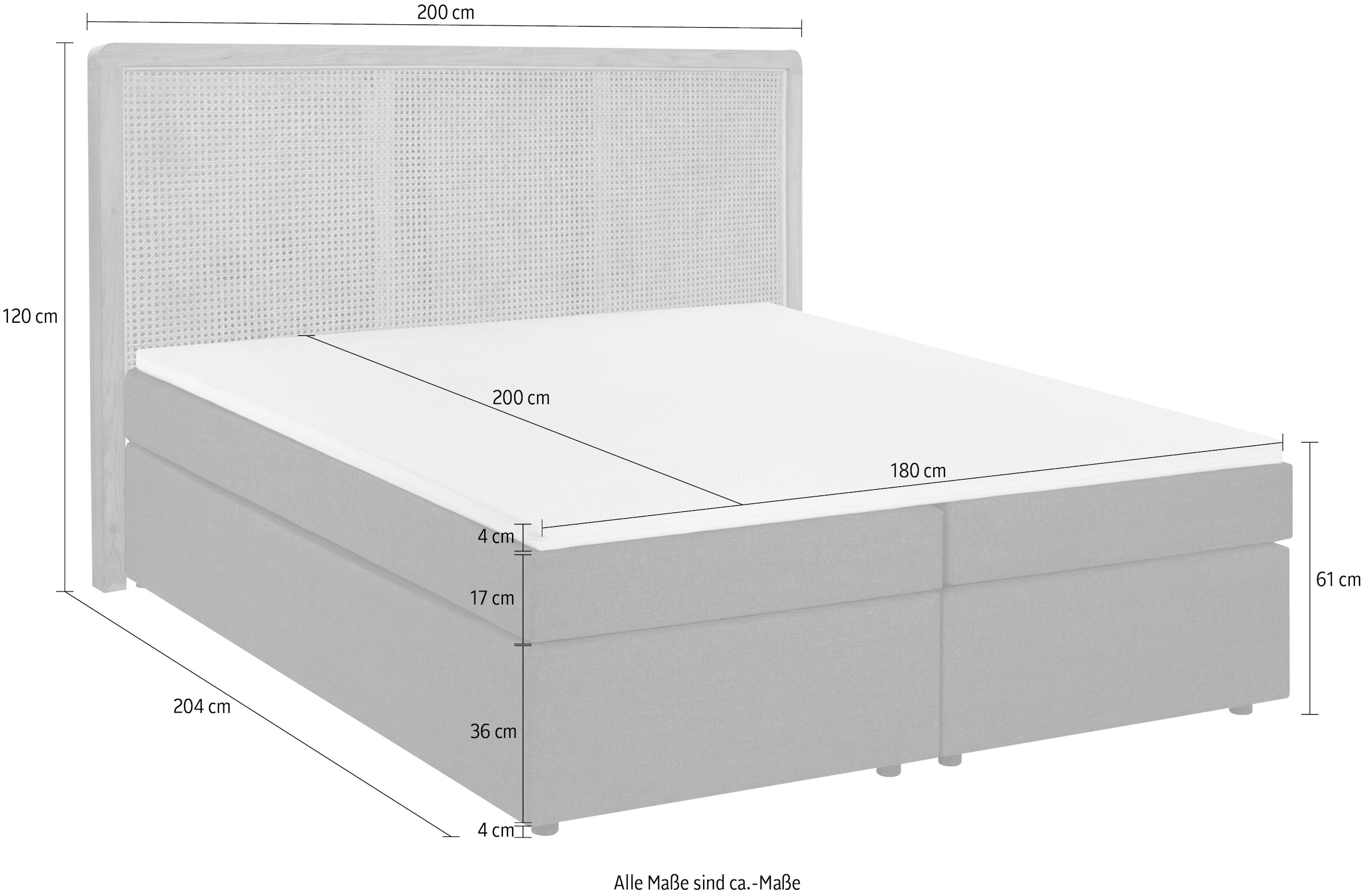 SIT Boxspringbett »180x200 cm mit Teak-Rattan-Kopfteil und Topper« Kopfteil aus Teakholz mit handgeflochtenem Rattan-Geflecht