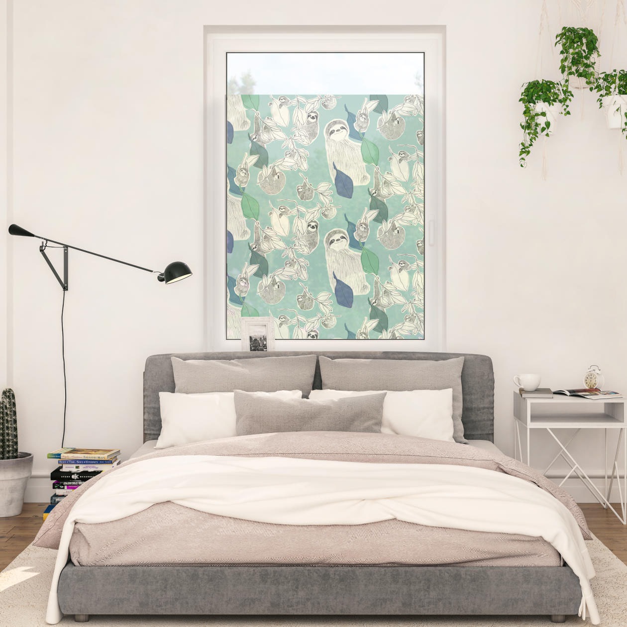 Image of LICHTBLICK ORIGINAL Fensterfolie "Fensterfolie selbstklebend, Sichtschutz, Sloths on turquoise - Grün" 1 Stk. blickdicht glatt statisch haftend
