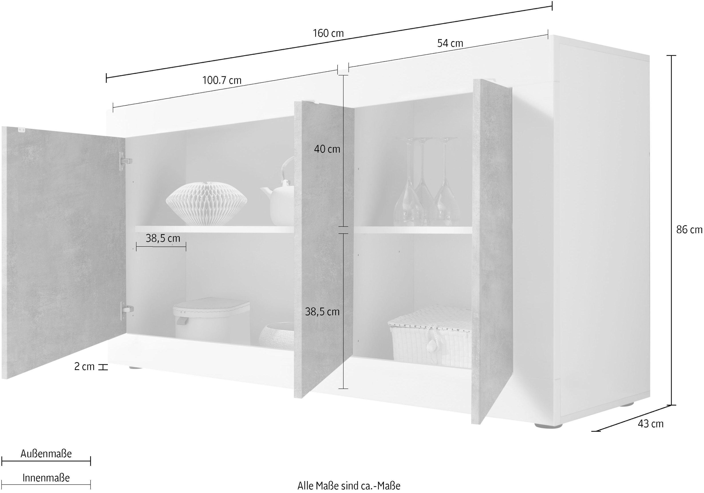 INOSIGN Sideboard »Basic Breite 160 cm, Kommode 3 Türen, Anrichte,«, Metallgriff, moderne Rahmenoptik, viel Stauraum, Farbauswahl