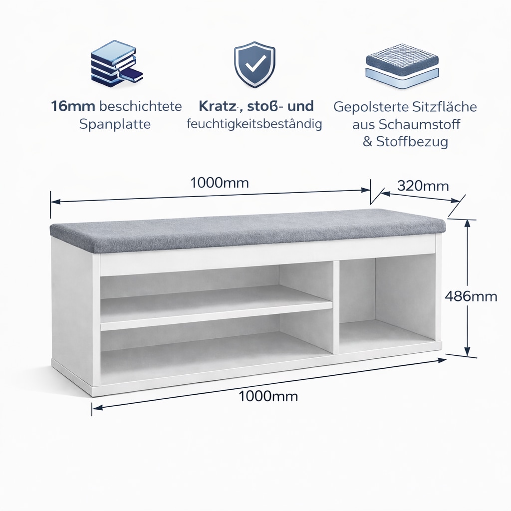 GOODproduct Banc à chaussures »Schuchschrank 100,  Schuhregal, Schuhtruhe, Schuhkommode, Sitzbank« Inkl. bequemem Sitzkissen mit Stauraum darunter