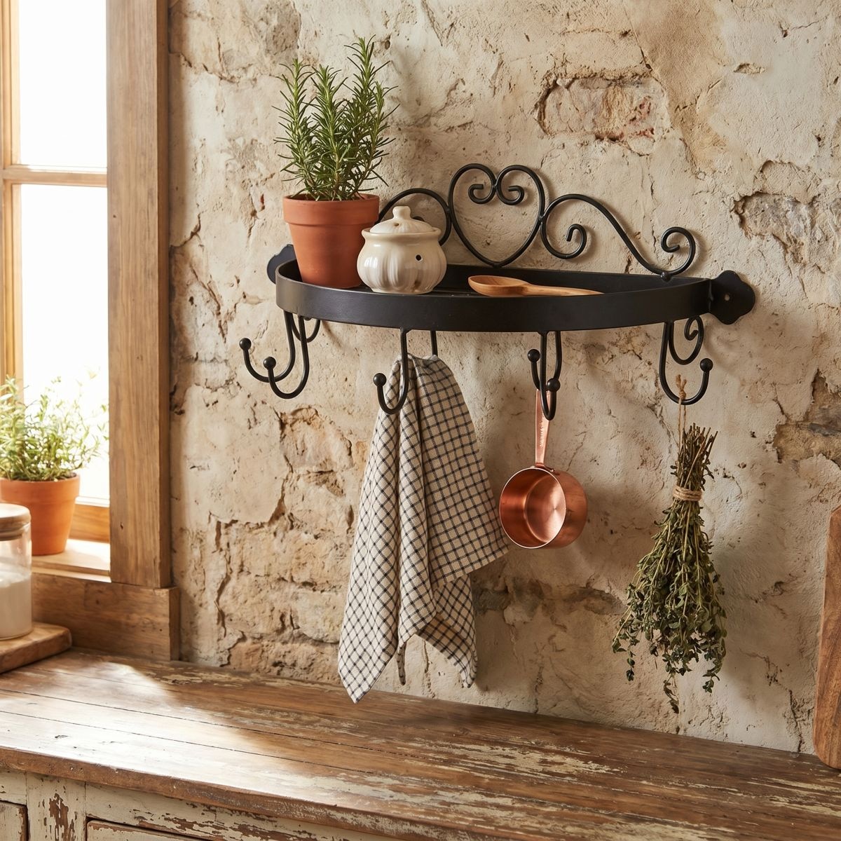 Ambiente Haus Étagère murale »Regal halbrund mit Haken in Schwarz« 1 cuis tlg. solution de rangement pour couloir, cuisine ou salle de bain avec 5 crochets