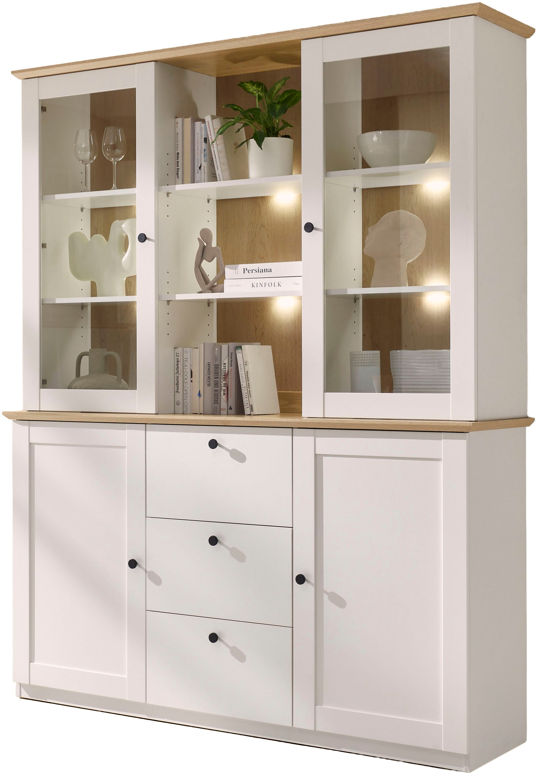 GOODproduct Buffet »Brest, Hochschrank im Landhausstil, Schrank, Küchenschrank« poignées en métal noir, beaucoup d'espace de rangement, portes vitrées, 164 cm de large