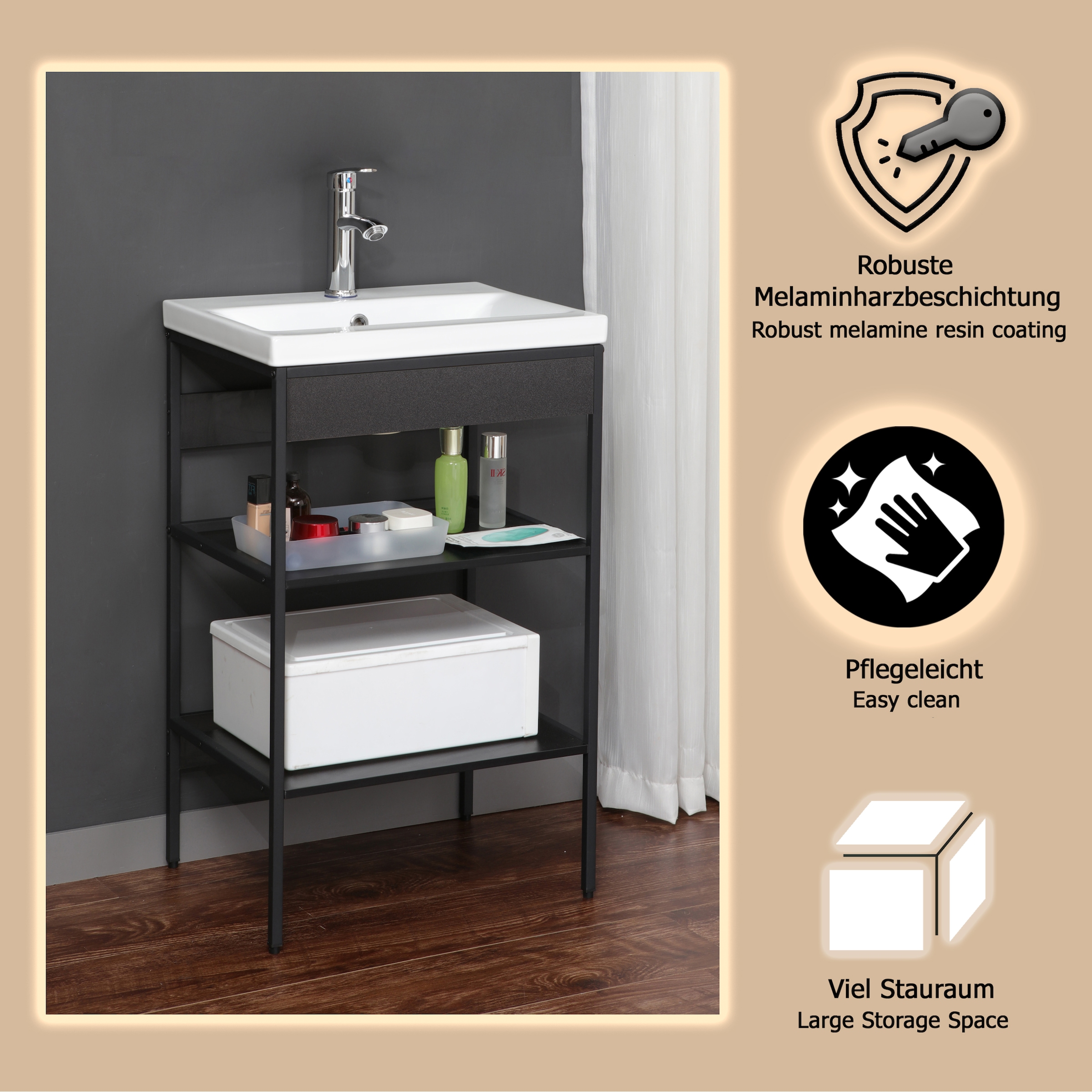 welltime Waschbeckenunterschrank »Lodi« 2 Stk. tlg. Waschbeckenregal mit Metallrahmen - (B/T/H) 52 / 40 / 83 cm