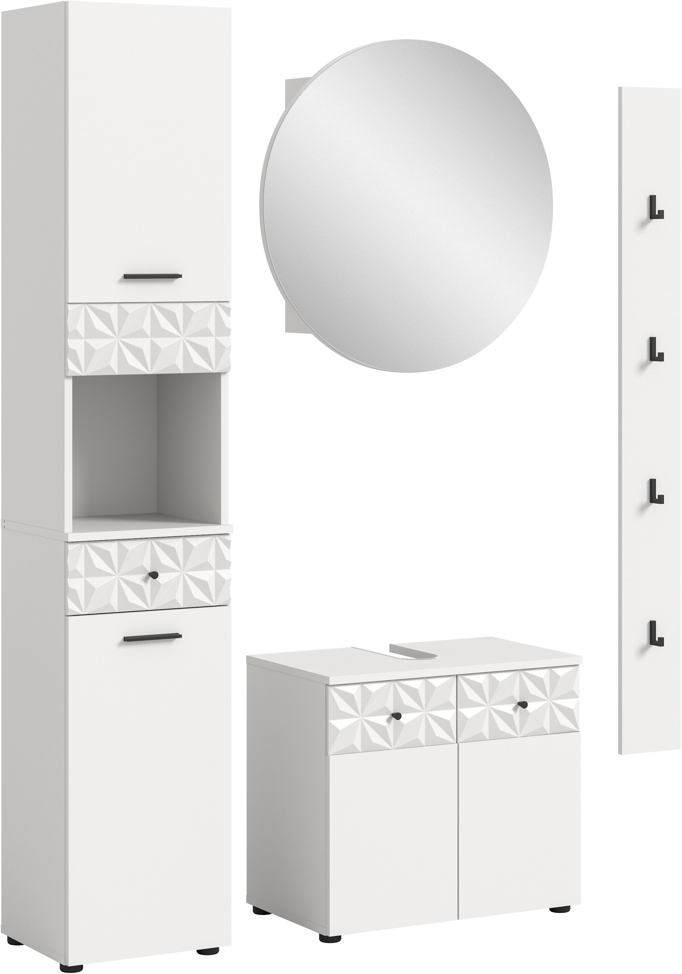 Image of welltime Badezimmer-Set "VICENZA, Breite 141cm, 4-teilig, mit Ornamentabsetzung" Hochschrank, Waschbeckenunterschrank, Spiegelschrank und Hakenleiste
