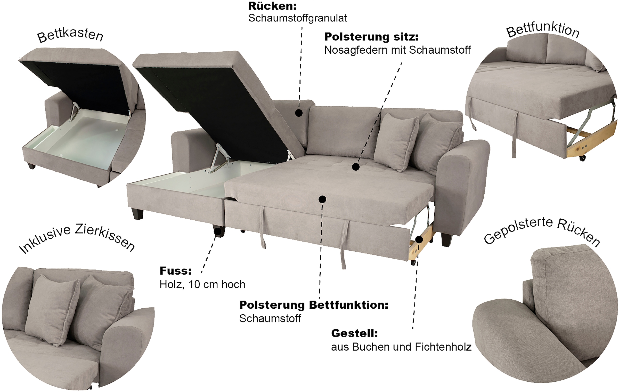 Trends by HG Canapé d'angle »Moritz, L-Form« inkl. Bettfunktion und Bettkasten, inkl. 2 Zierkissen