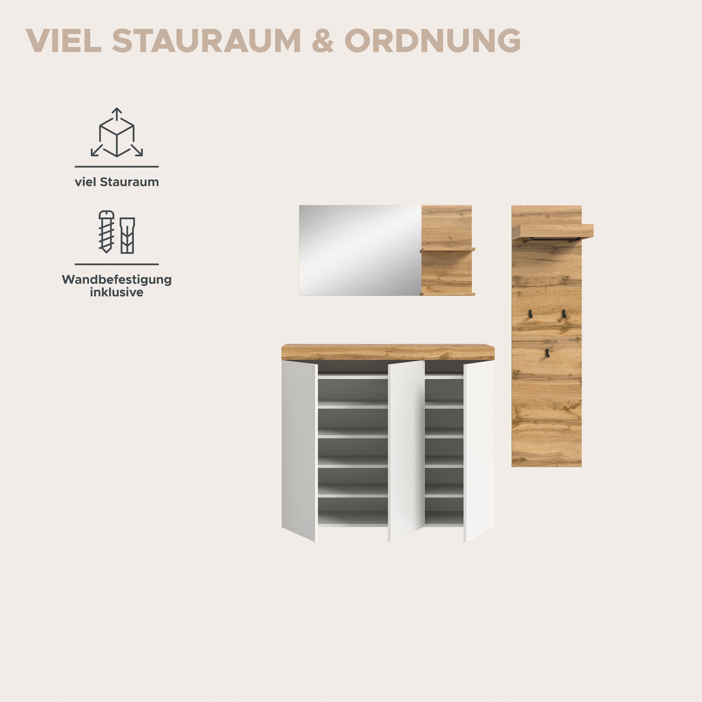 GOODproduct Ensemble de vestiaires »MAMBO, TOPSELLER!, 3-teilige Kombination, stehend & hängend montierbar« bestehend aus: Kommode, Spiegel, Garderobenpaneel, 3 cuis tlg.