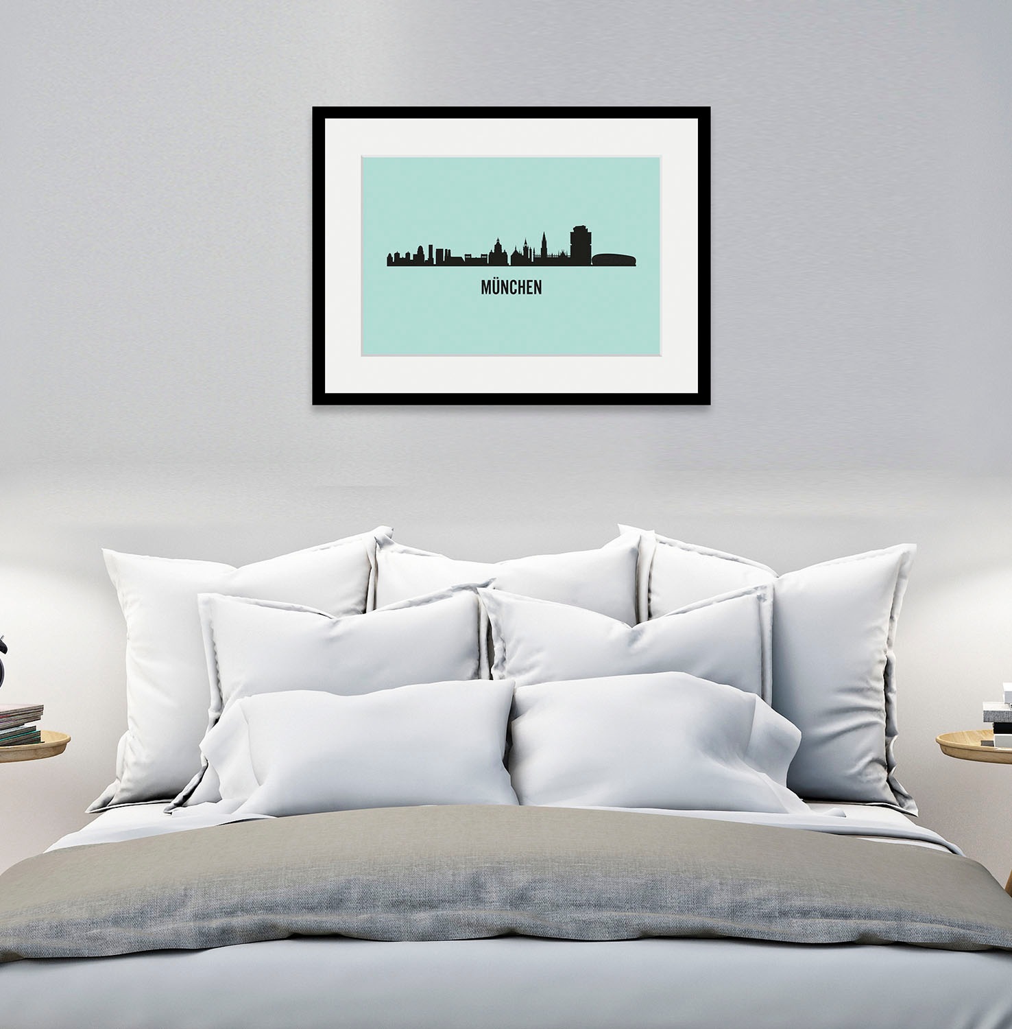 Image of queence Bild "München Skyline" Deutschland Gebäude München Schriftzug Stadt Städte 1 Stk. tlg. HD Premium Poster-Druck inkl. Holzrahmen