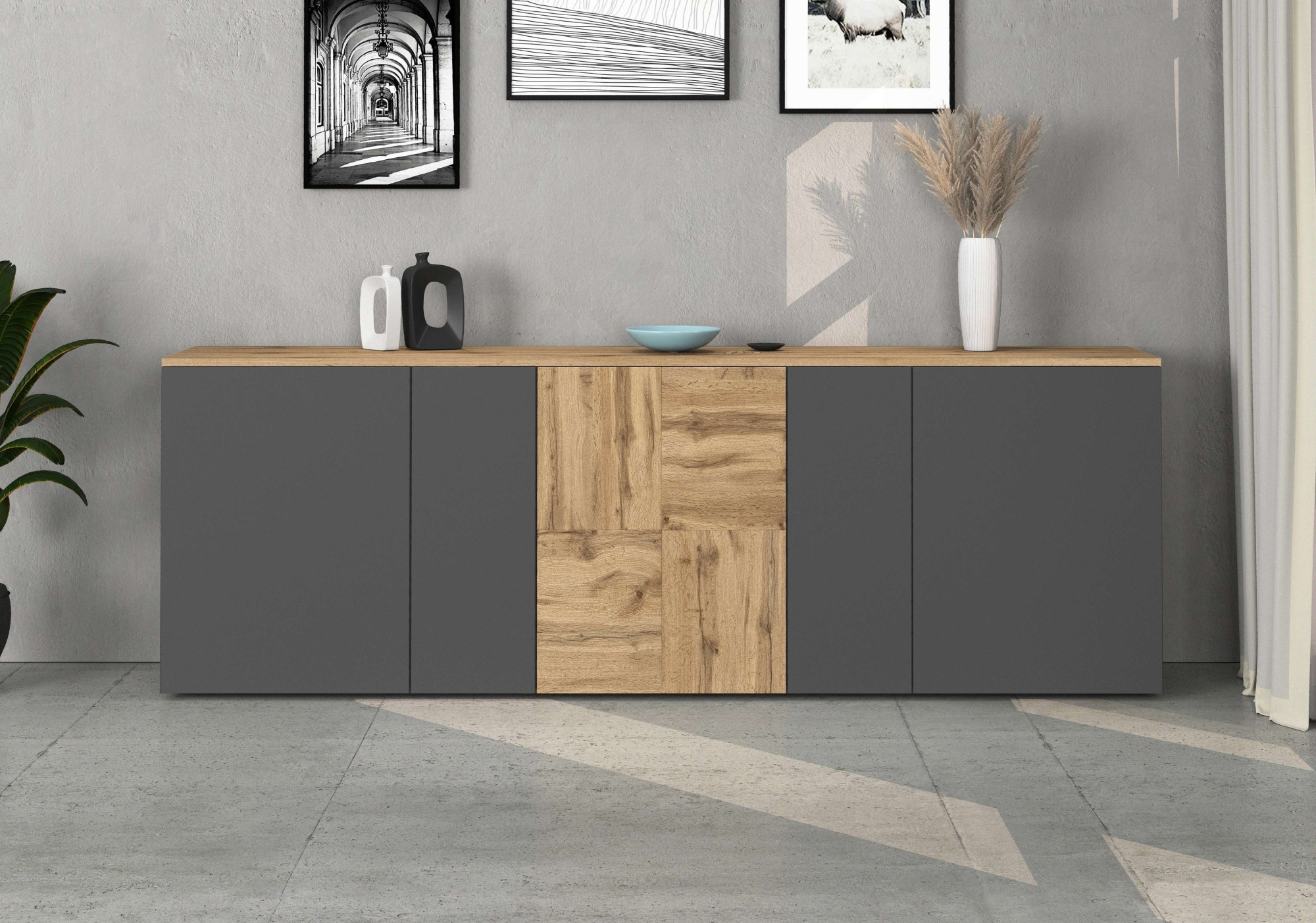 GOODproduct Sideboard »ISEO, Kommode, Schrank, Sideboard, Lowboard, 6 Fächer, Breite 200 cm« 1 Stk. tlg. stehend/hängend, 5 Türen, 6 Fächer, Breite 200 cm