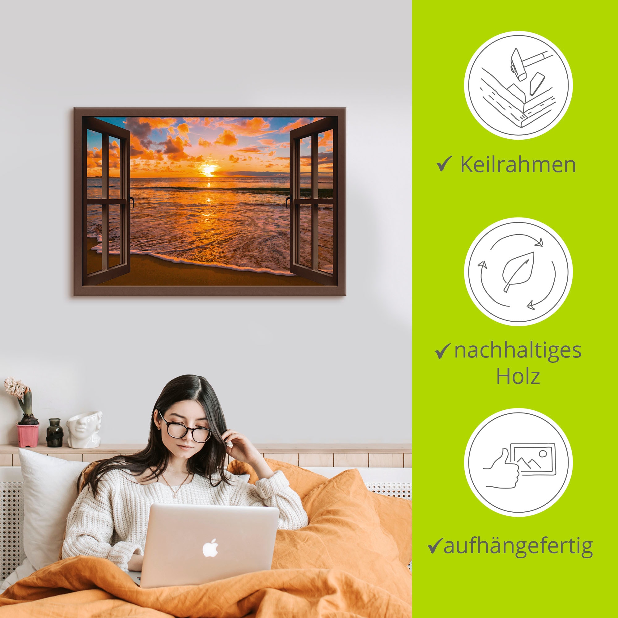Artland Wandbild »Fensterblick Sonnenuntergang am Strand«, Sonnenaufgang & -untergang, (1 St.), als Leinwandbild, Poster, Wandaufkleber in verschied. Grössen