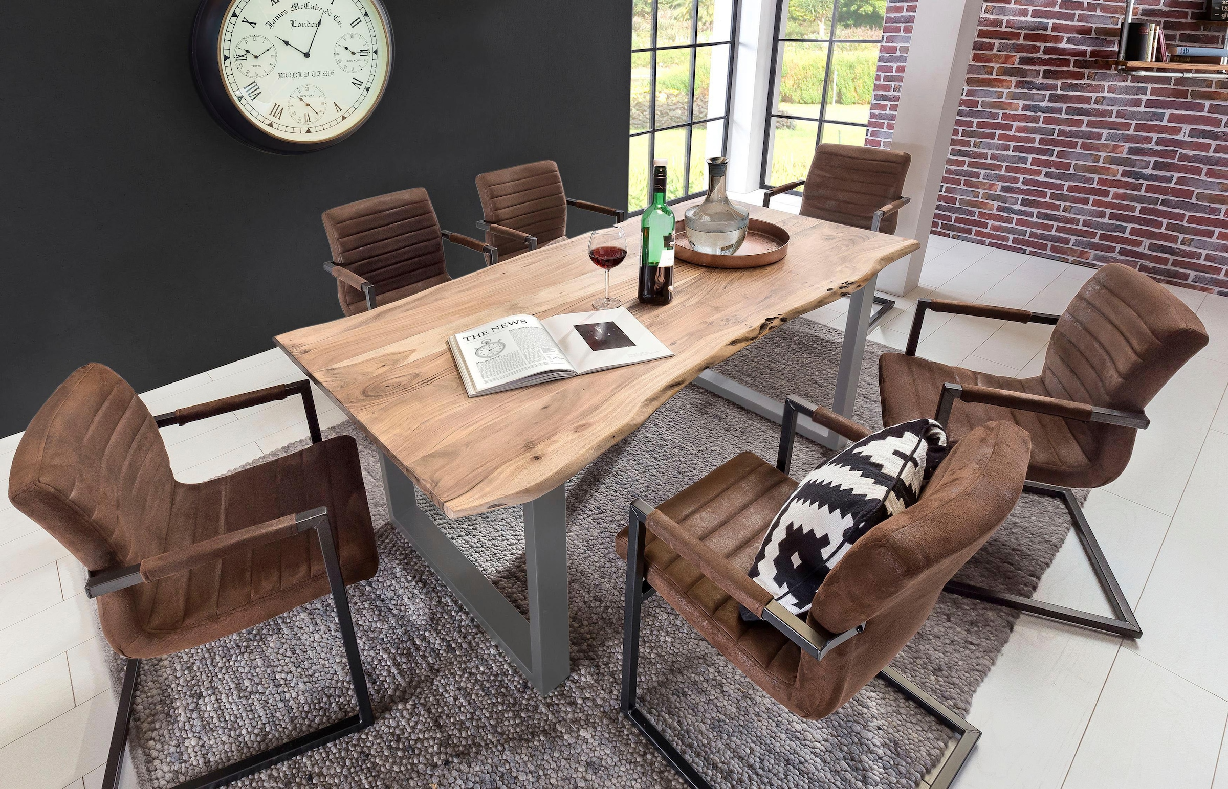 SIT Table de salle à manger »Xàtiva aus Akazienholz Massivholz mit Baumkante & Stahlgestell« Bord naturel d'arbre rencontre une structure moderne en acier en U