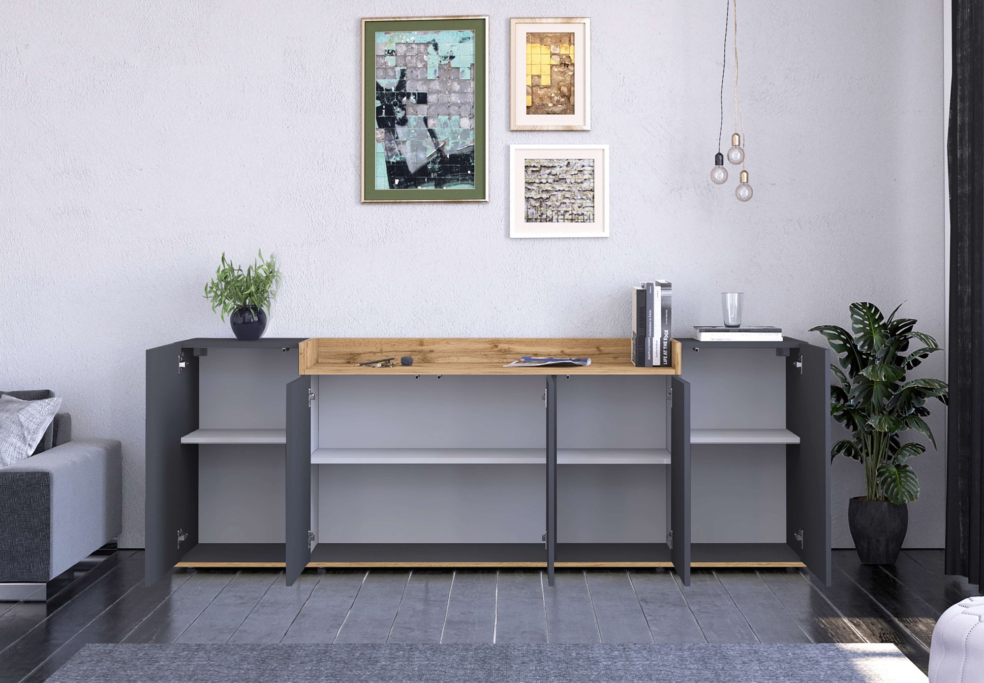 GOODproduct Buffet »BOLSENA, Kommode, Schrank,Lowboard mit 8 Fächer und offenes Ablagefach« 1 cuis tlg. stehend/hängend montierbar, Made in Italy, B/T/H: 200 × 35 × 71,2 cm