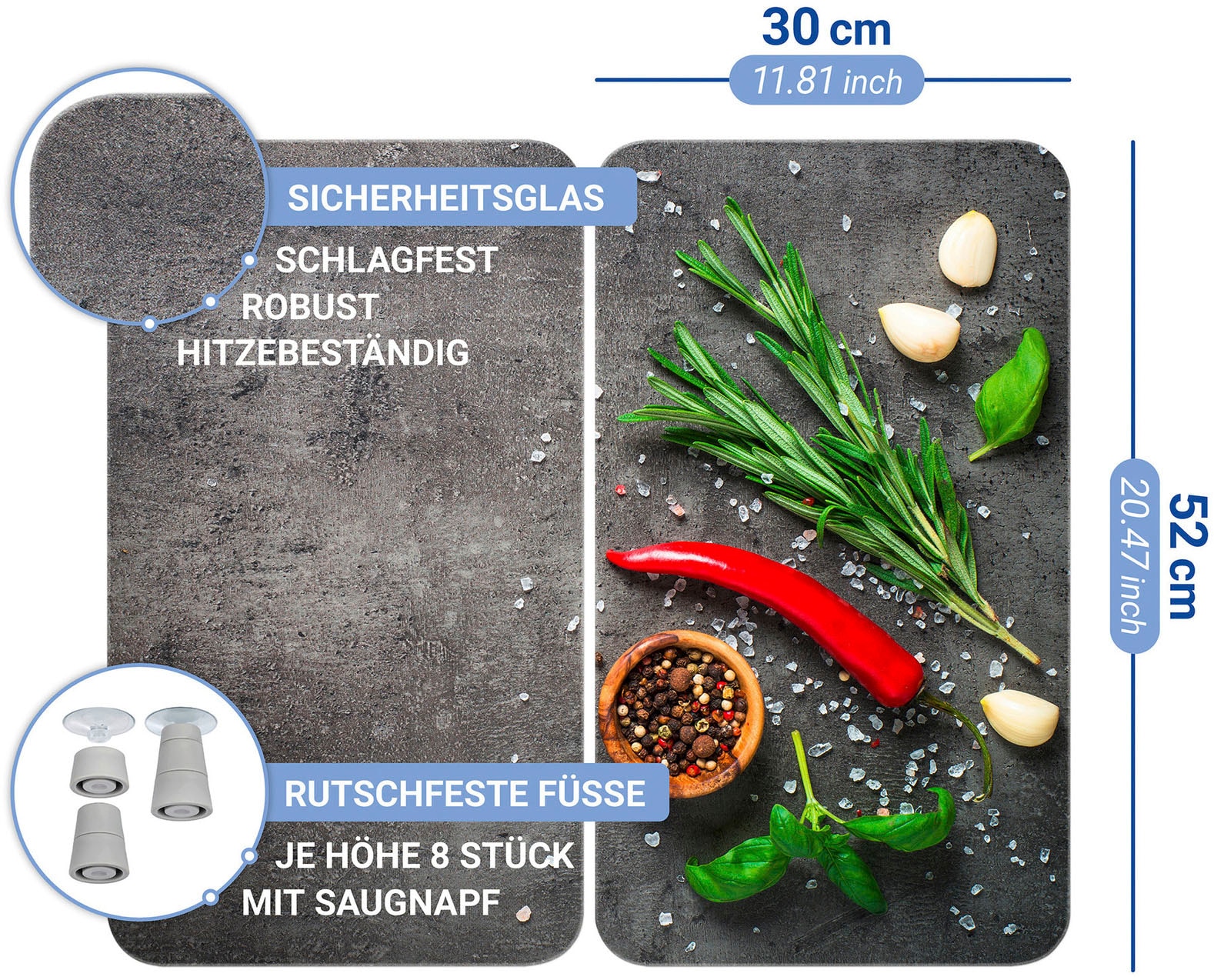 WENKO Herd-Abdeckplatte »Universal Modell Rosmarin«, (Set, 2 tlg.), Herdabdeckung für alle Herdarten, kratzfest, mit rutschfesten Füssen