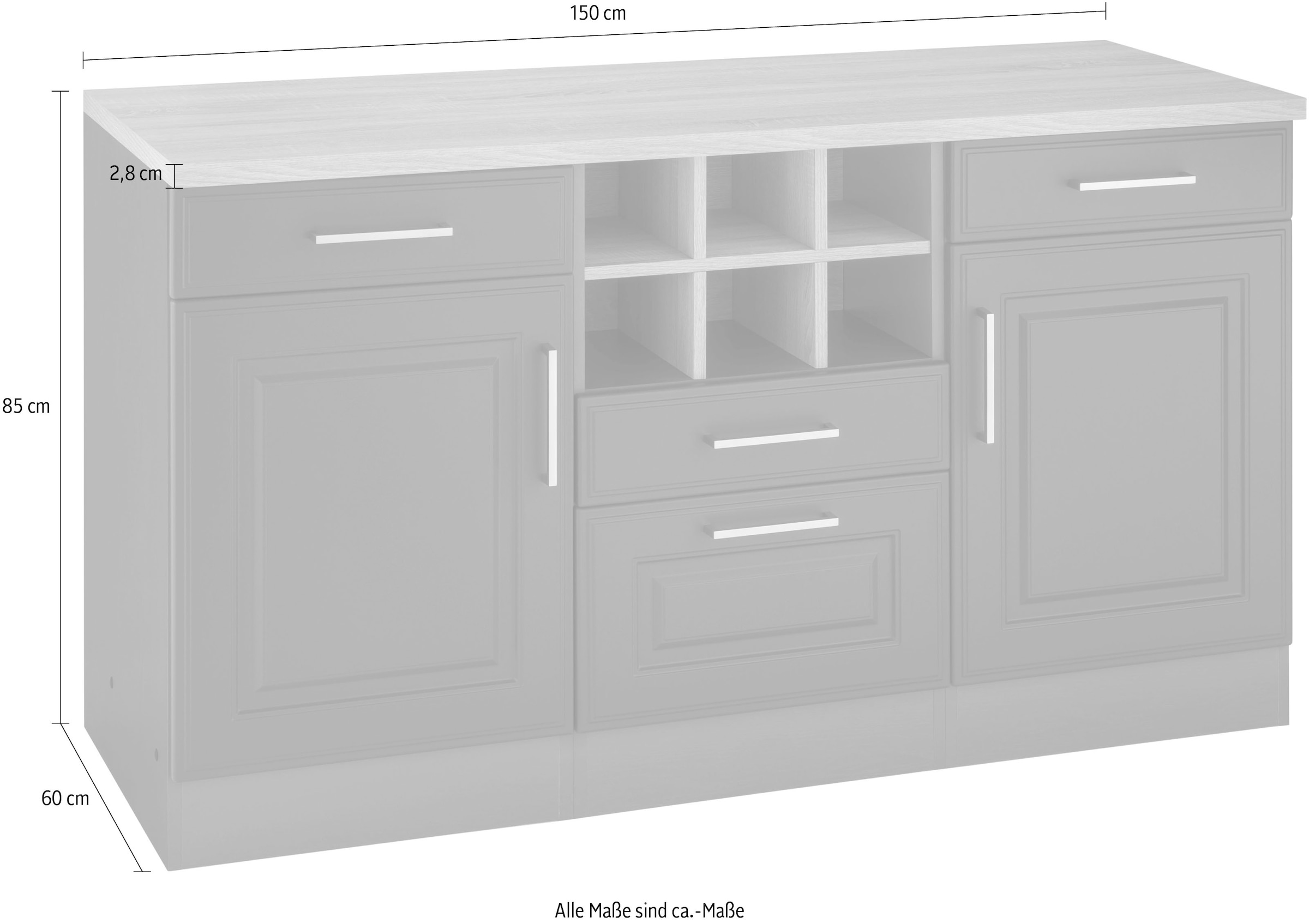 KOCHSTATION Unterschrank »KS-Stockholm« 150 cm breit, hochwertige MDF-Fronten mit Fräsung, viel Stauraum