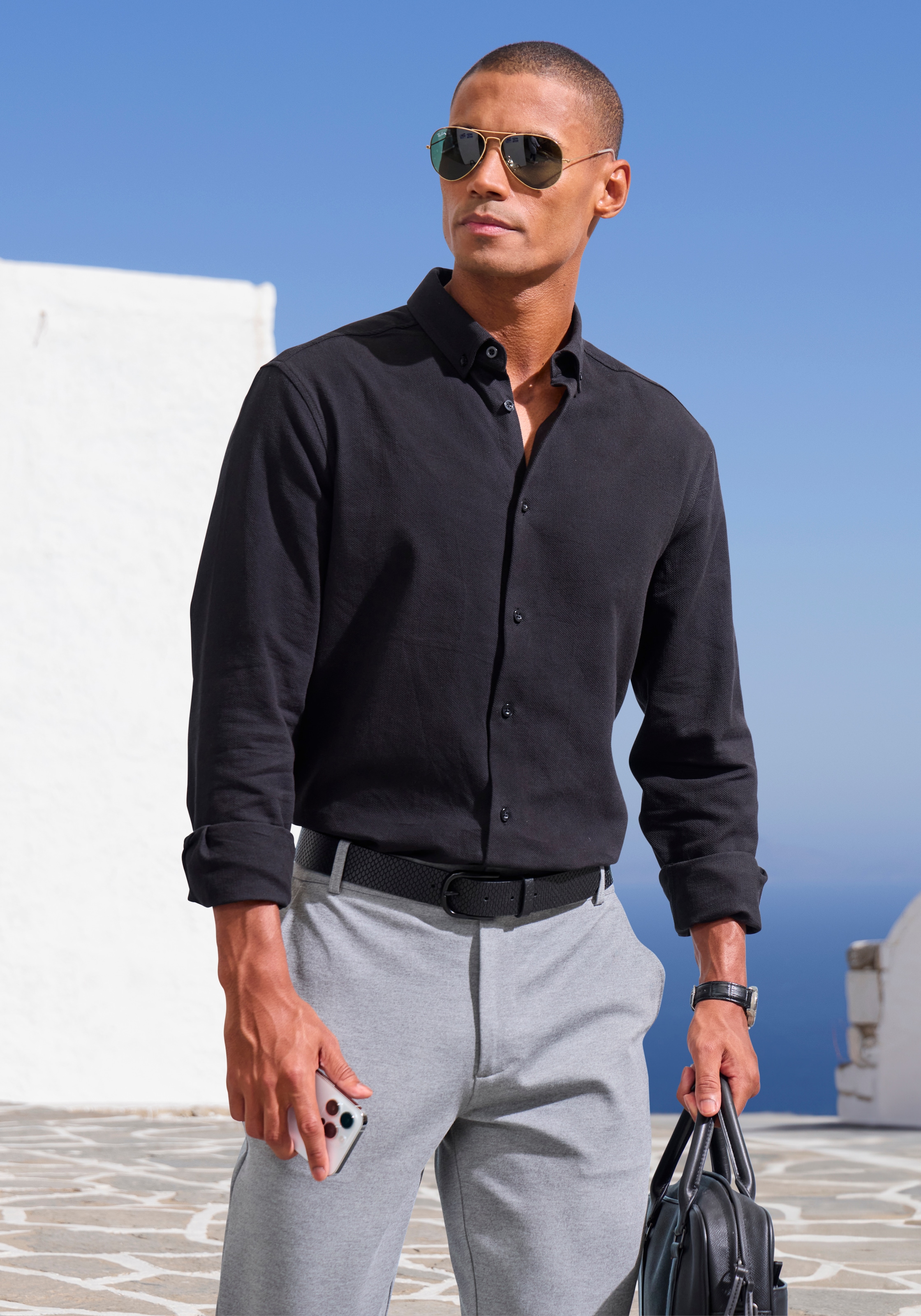 H.I.S Langarmhemd »mit Button-down-Kragen« in hochwertiger Struktur Optik, Regular Fit