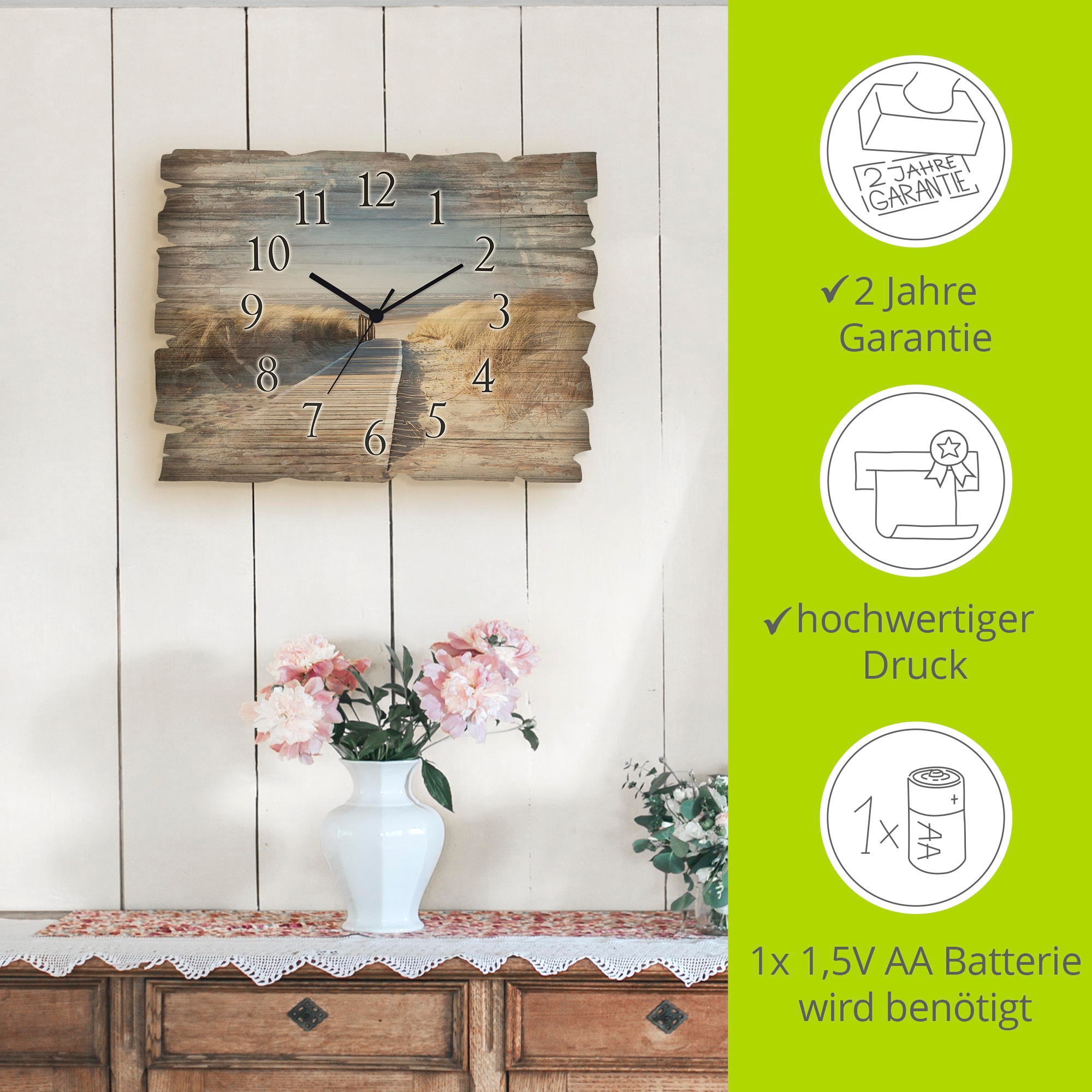 Artland Wanduhr »Nordseestrand auf Langeoog - Steg« wahlweise mit  Quarz- oder Funkuhrwerk, lautlos ohne Tickgeräusche